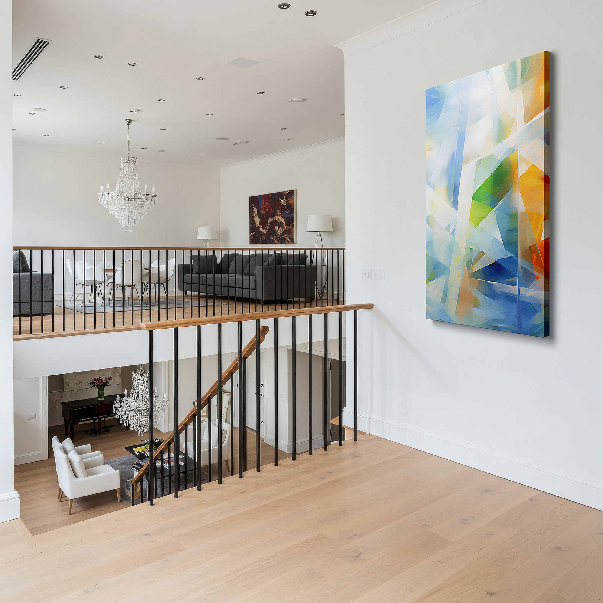 Set in a minimalist interior with textured walls and soft rugs — a celebration of human creativity and emotion: vibrant colors and geometric shapes in large wall art, canvas wall art, and office wall decor