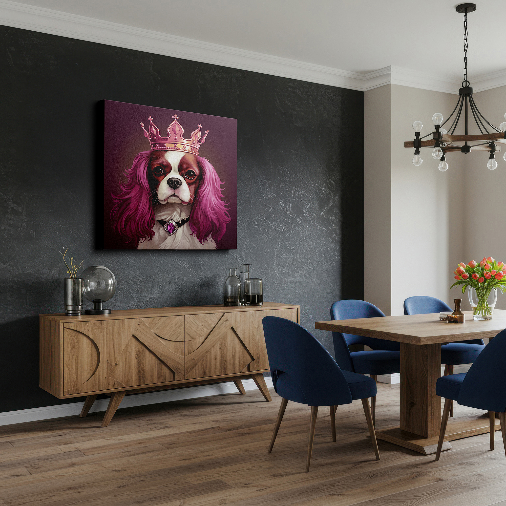 Set in a minimalist interior with textured walls and soft rugs — chestnut and white cavalier king charles spaniel with crown large canvas wall art for office and bedroom decor