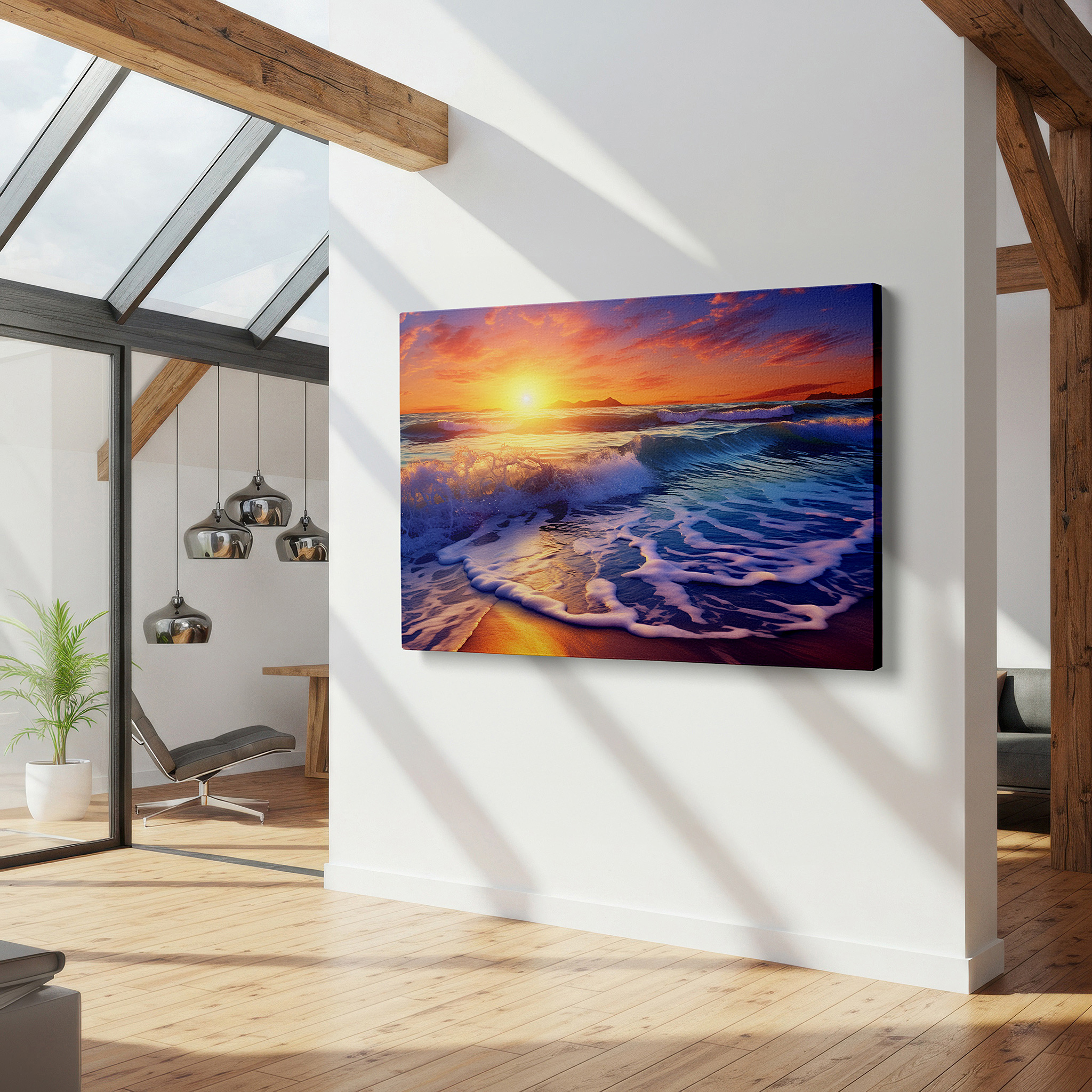 Set in a minimalist interior with textured walls and soft rugs — coastal sunset magic: vibrant ocean waves and serene sky reflections - large canvas wall art for office and bedroom decor
