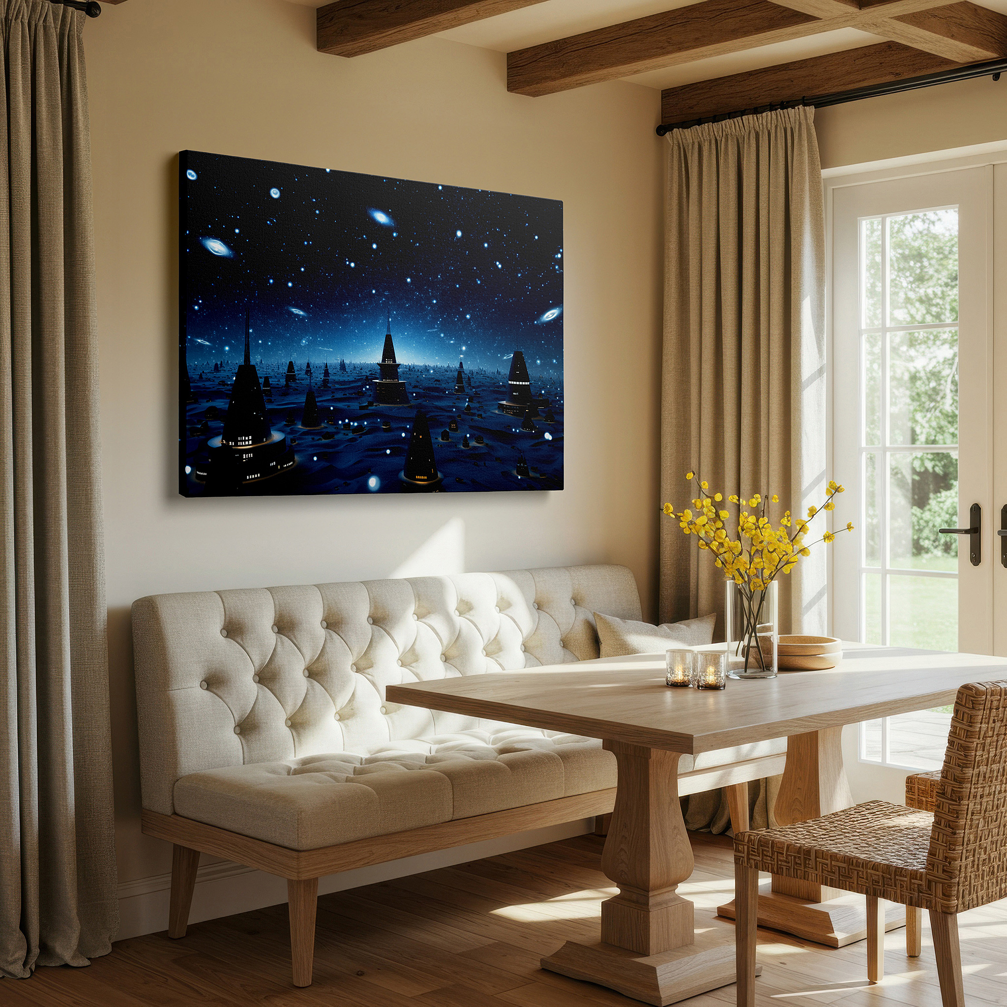 Set in a minimalist interior with textured walls and soft rugs — cosmic cityscape: a vision of urban innovation and celestial wonder - large wall art, canvas wall art, wall decor for office