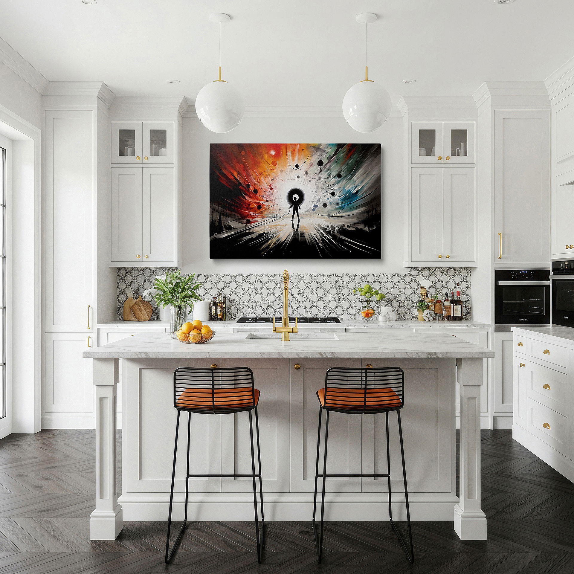 Set in a minimalist interior with textured walls and soft rugs — cosmic dance of colors: exploring human potential through abstract imagery - large canvas wall art for office, living room, and bedroom decor