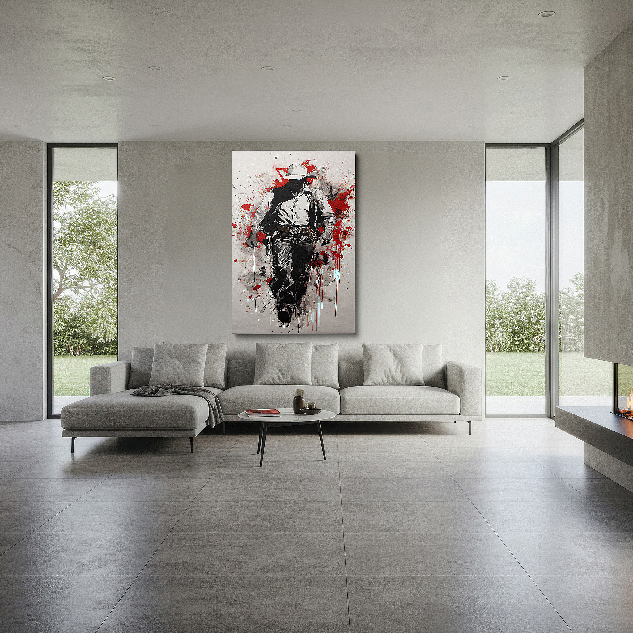 Set in a minimalist interior with textured walls and soft rugs — cowboy confidence in fiery red: a vivid american west expression - large wall art, canvas wall art, wall decor for office and bedroom