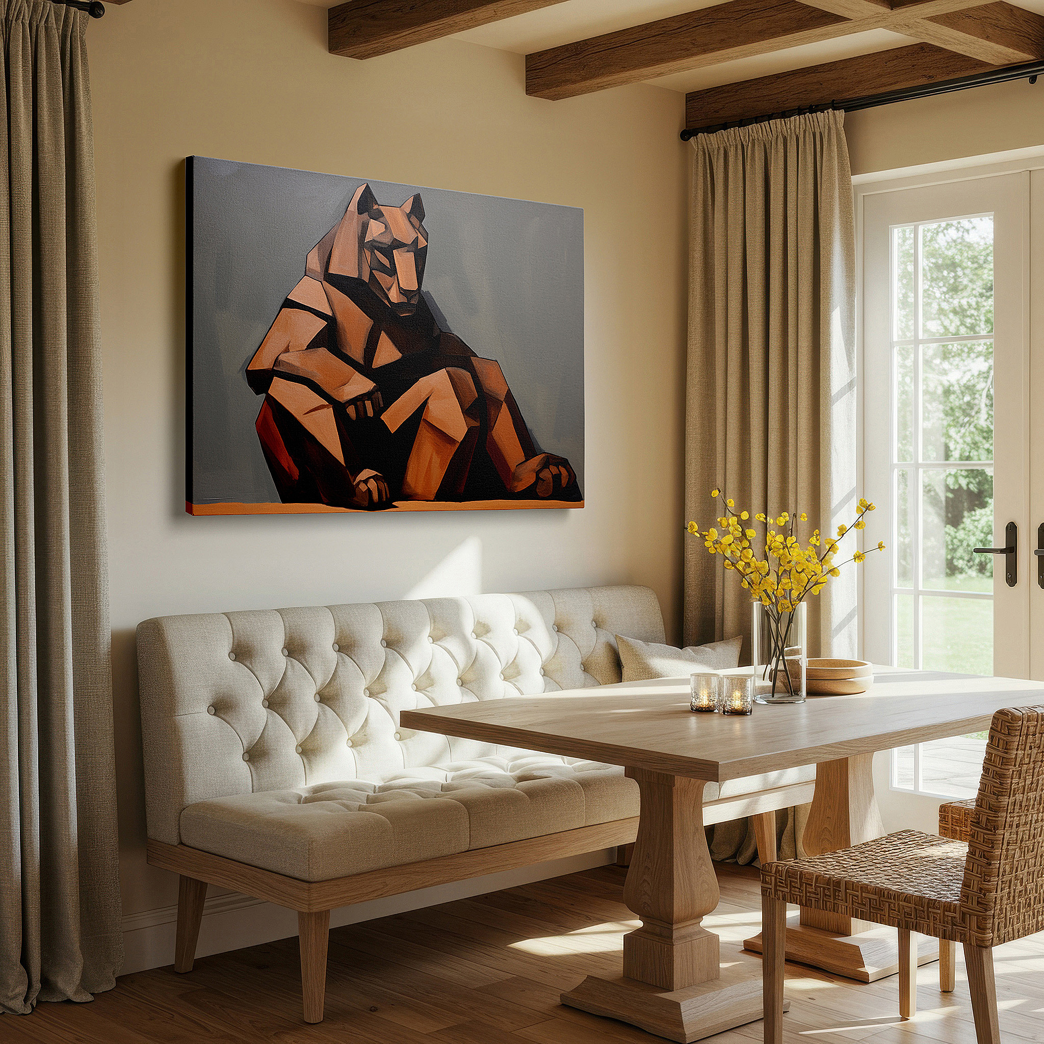 Set in a minimalist interior with textured walls and soft rugs — cubist-style majestic lion, serene yet dynamic abstract expression, large canvas wall art for office and bedroom decor