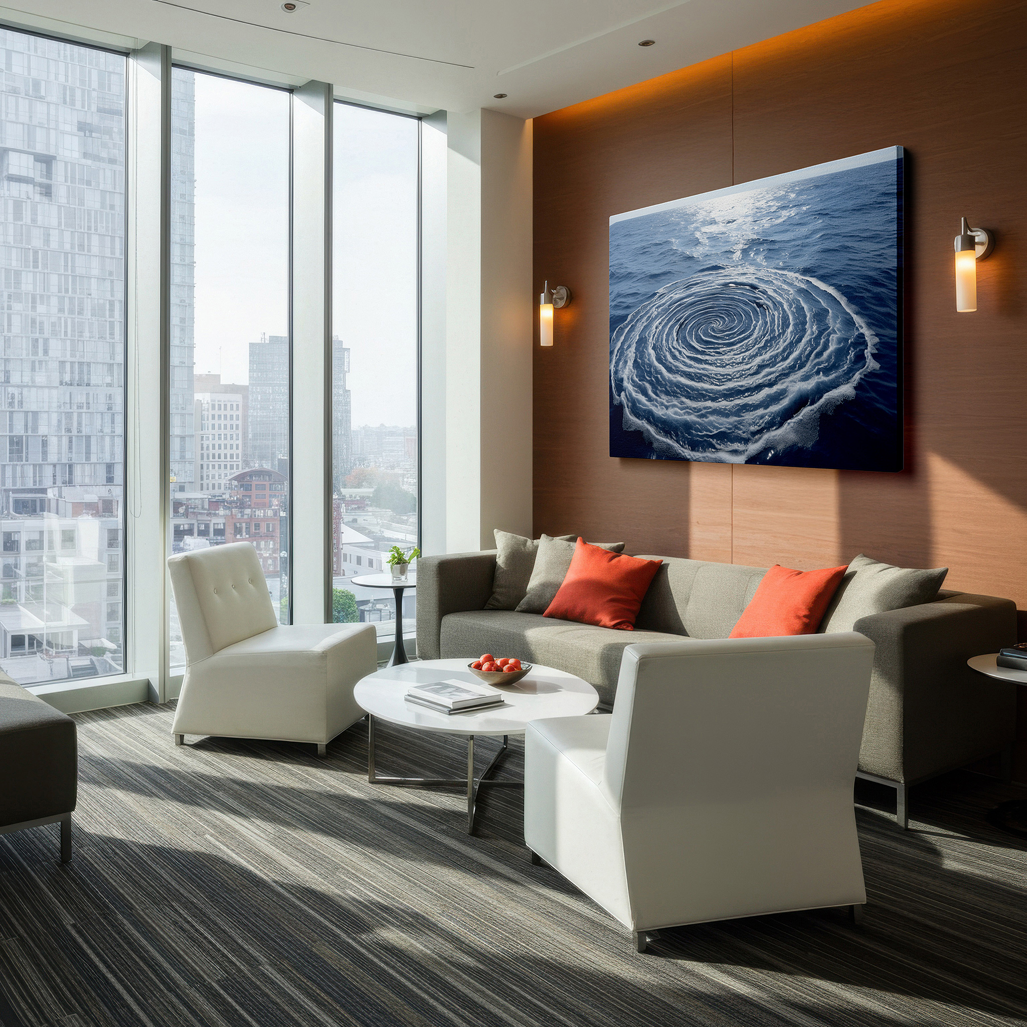 Set in a minimalist interior with textured walls and soft rugs — deep blue ocean swirl, tranquil nature's rhythm large wall art, canvas wall art, wall decor for office