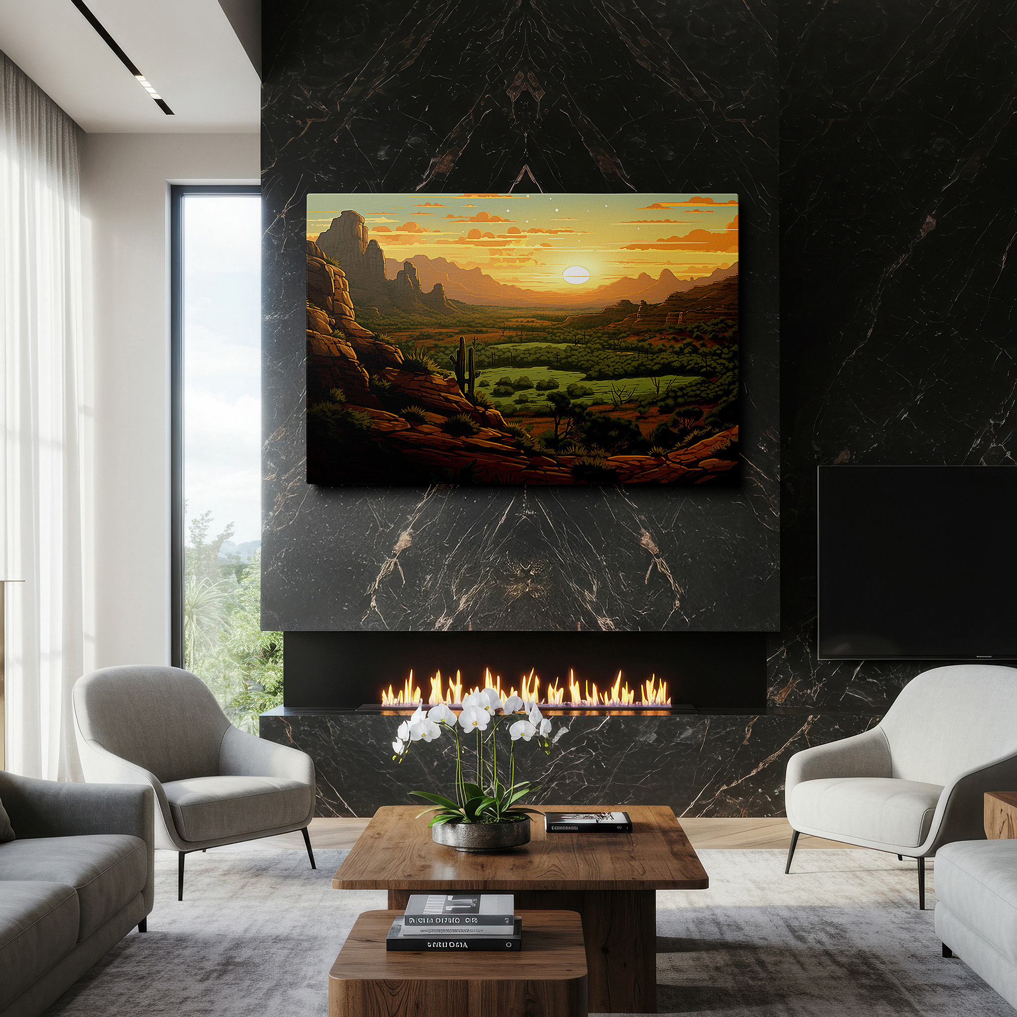 Set in a minimalist interior with textured walls and soft rugs — desert sunset and cactus silhouettes against a fiery sky, large canvas wall art for office and bedroom decor