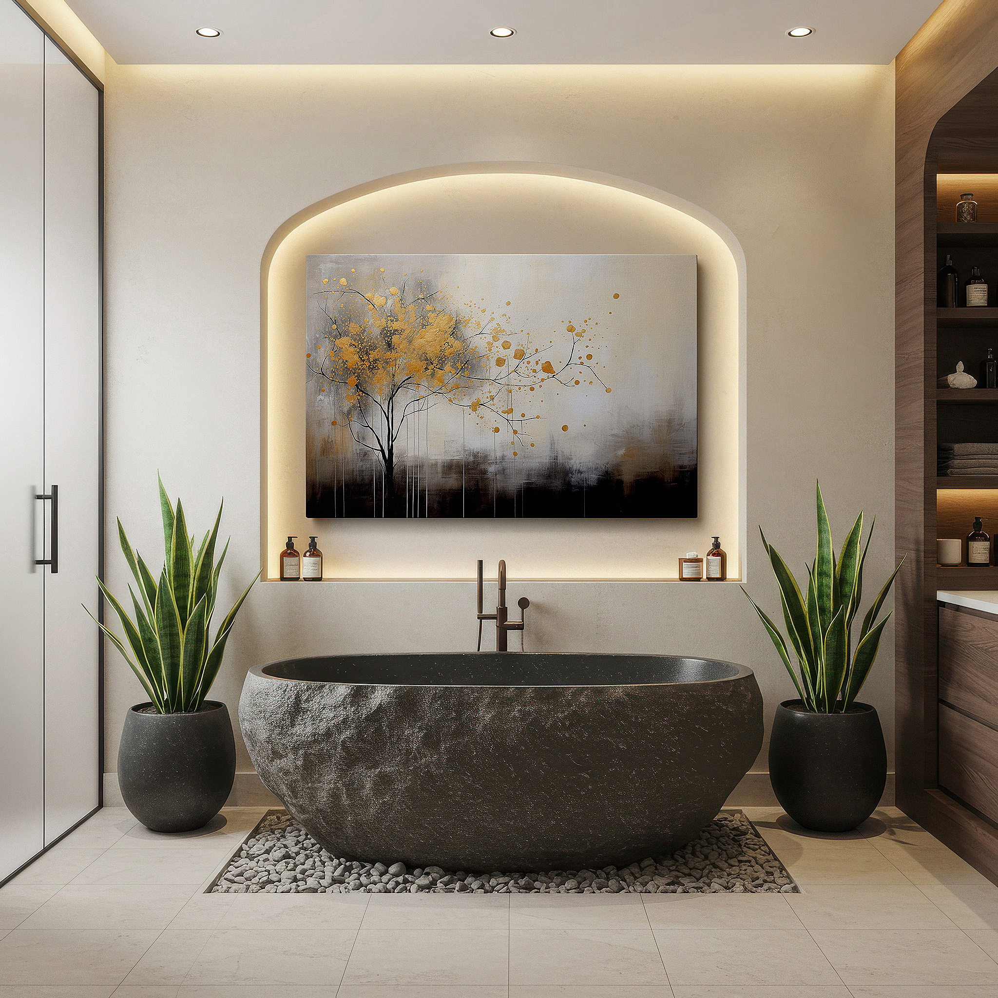 Set in a minimalist interior with textured walls and soft rugs — dreamlike elegant tree with golden splashes large canvas wall art for office, bedroom, and living room decor