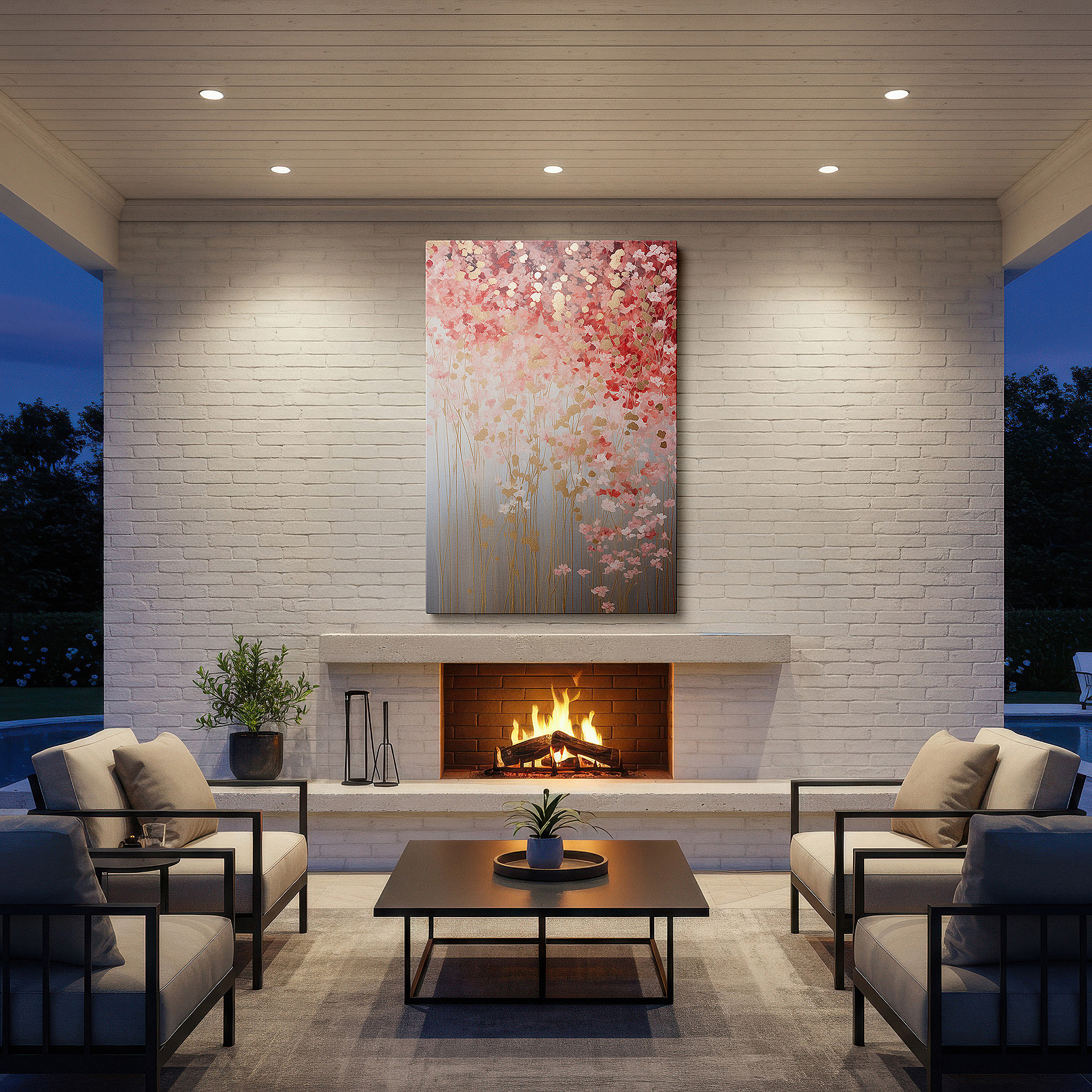 Set in a minimalist interior with textured walls and soft rugs — dreamy floral composition with ethereal beauty and tranquility, featuring golden accents - large canvas wall art for office decor