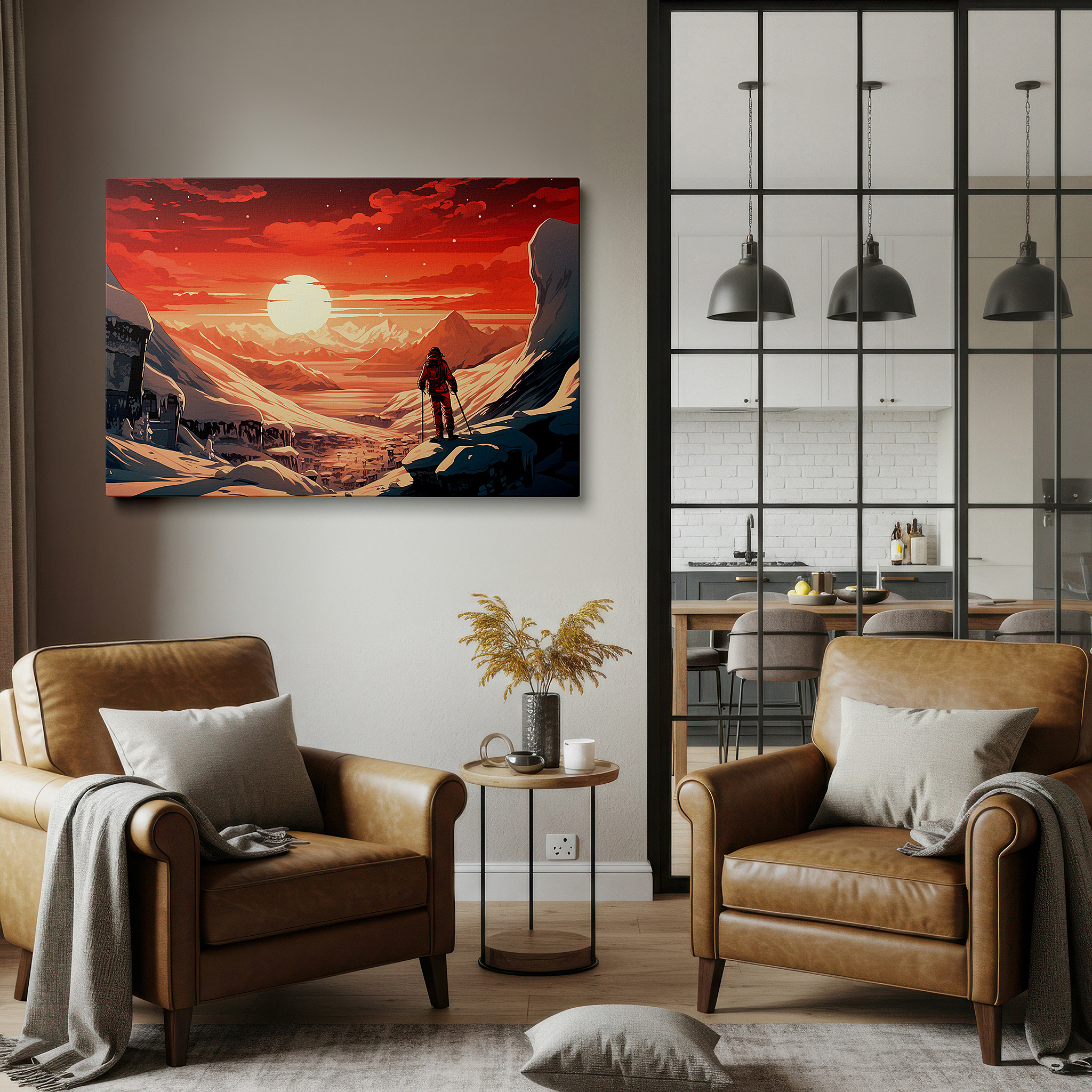 Set in a minimalist interior with textured walls and soft rugs — dusk triumph - mountaineer's victory over snow-capped peaks under a majestic sunset large wall art, canvas wall art, wall decor, office wall art