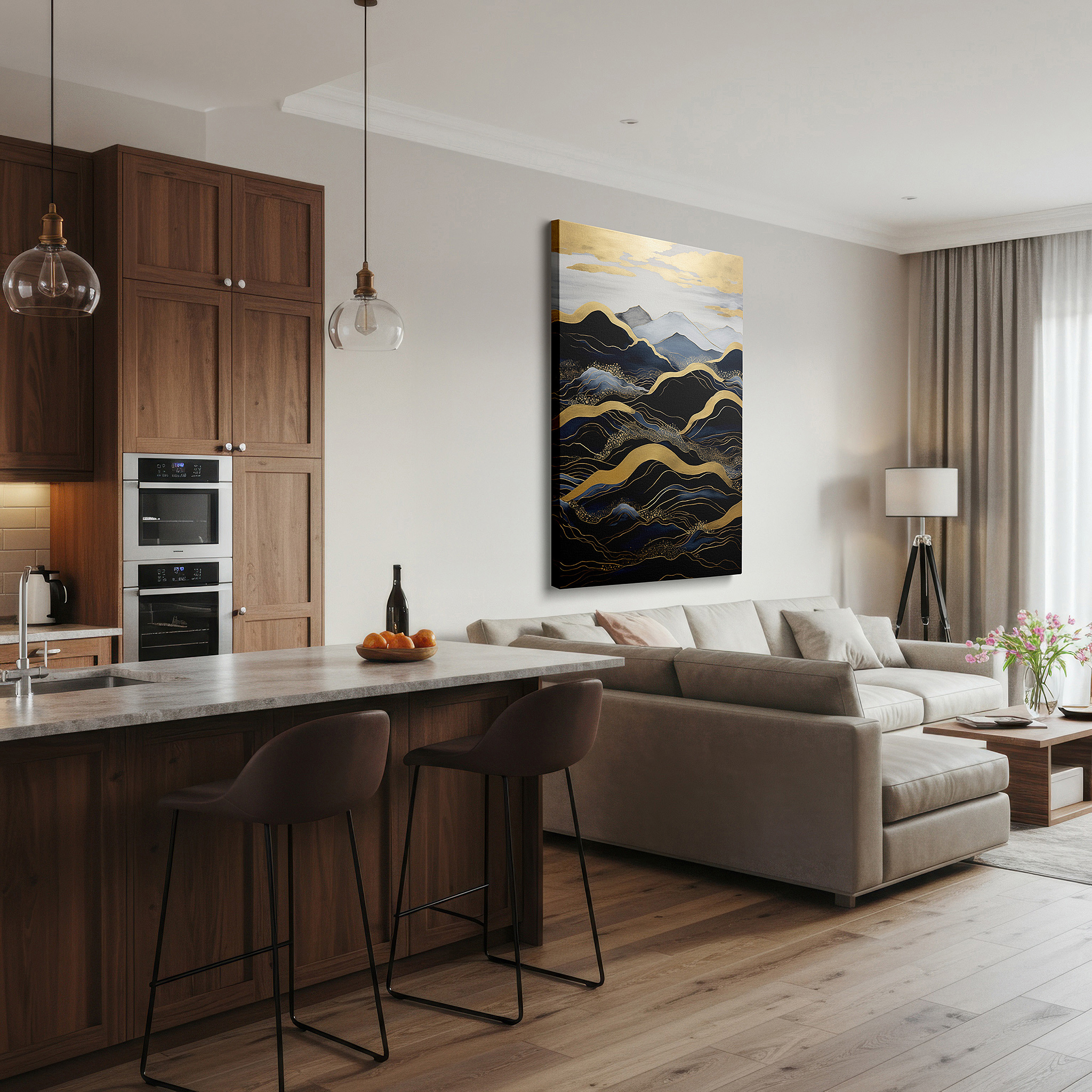 Set in a minimalist interior with textured walls and soft rugs — elegant black and gold majestic mountains, luxurious large wall art, canvas decor for office and bedroom