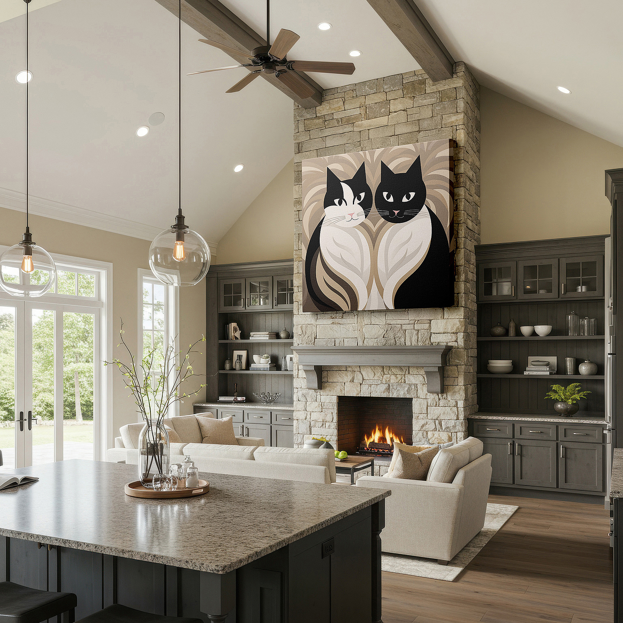 Set in a minimalist interior with textured walls and soft rugs — elegant black and white cat wall art showcasing grace and companionship, ideal for home and office decor, available as large canvas prints