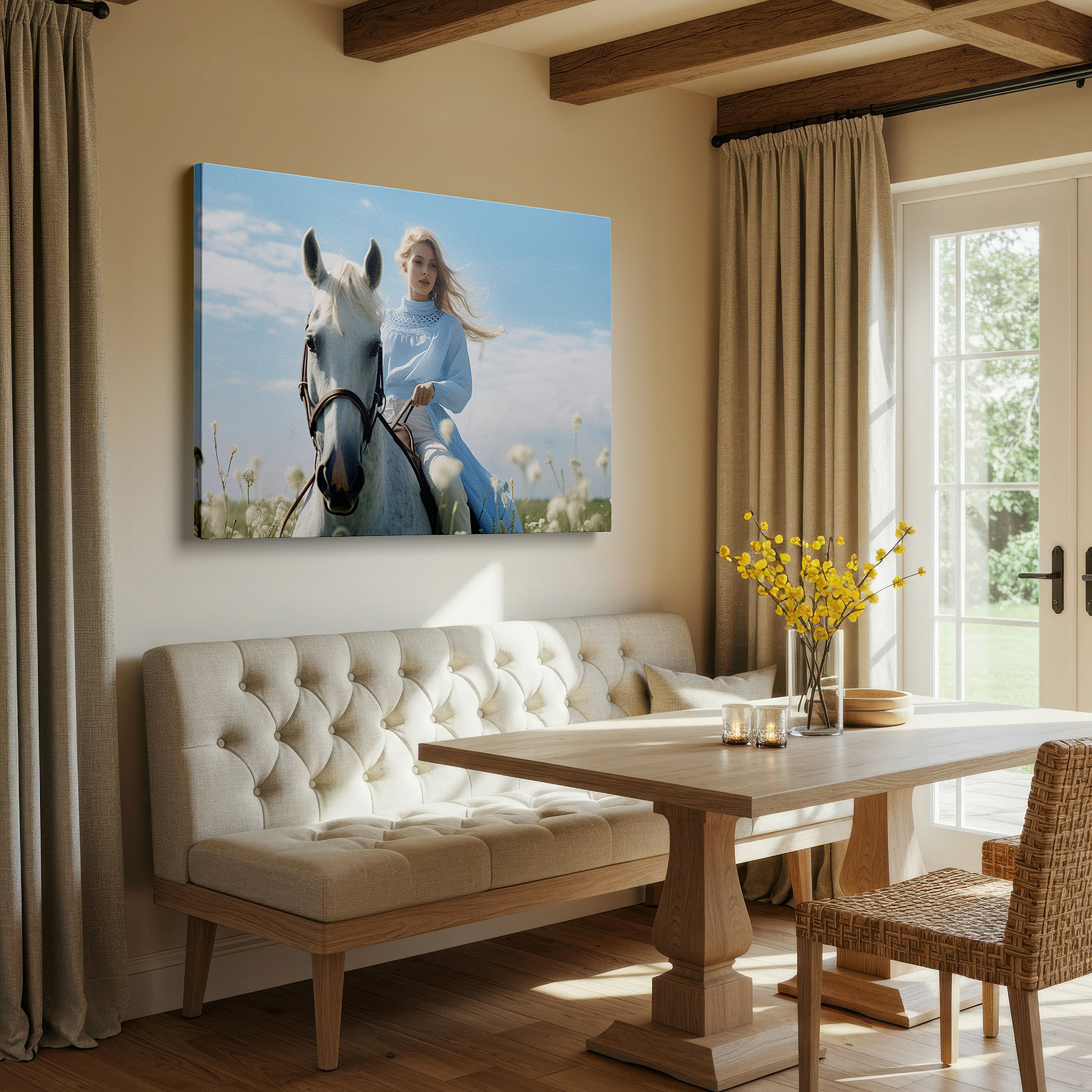 Set in a minimalist interior with textured walls and soft rugs — elegant lady and noble white horse in a wildflower meadow under a bright blue sky - large canvas wall art for home and office decor