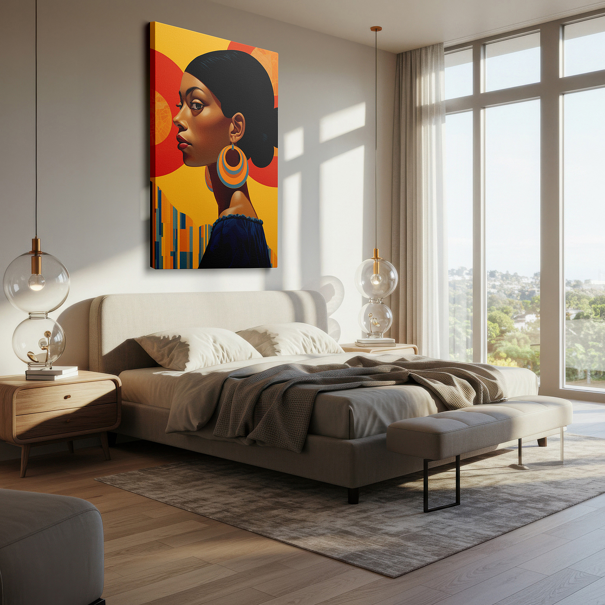 Set in a minimalist interior with textured walls and soft rugs — elegant and modern portrait of a confident woman: large wall art, canvas wall art, wall decor for office