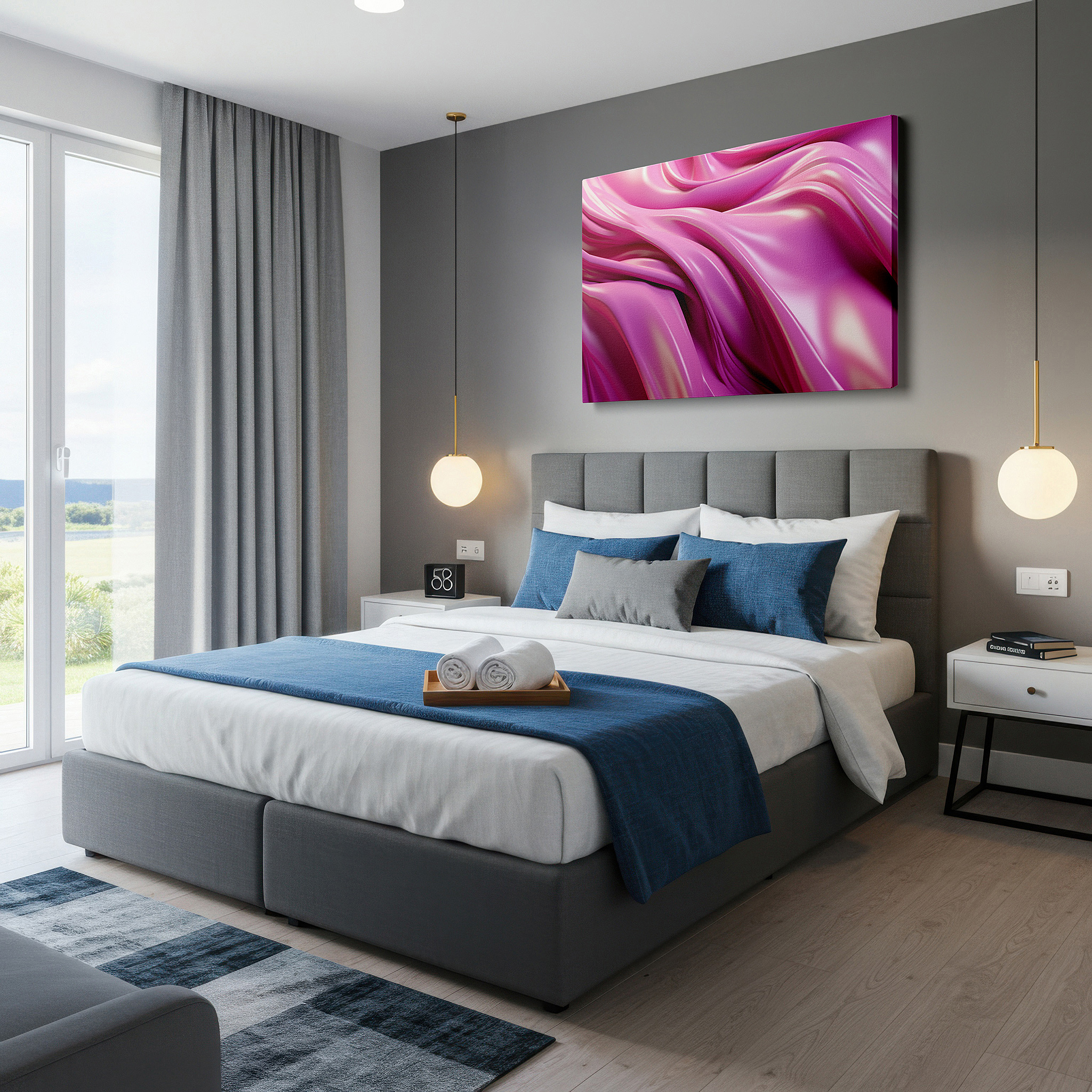 Set in a minimalist interior with textured walls and soft rugs — elegant pink satin in luxurious flow: a masterpiece of textile art, perfect for large wall decor, canvas art, and office walls