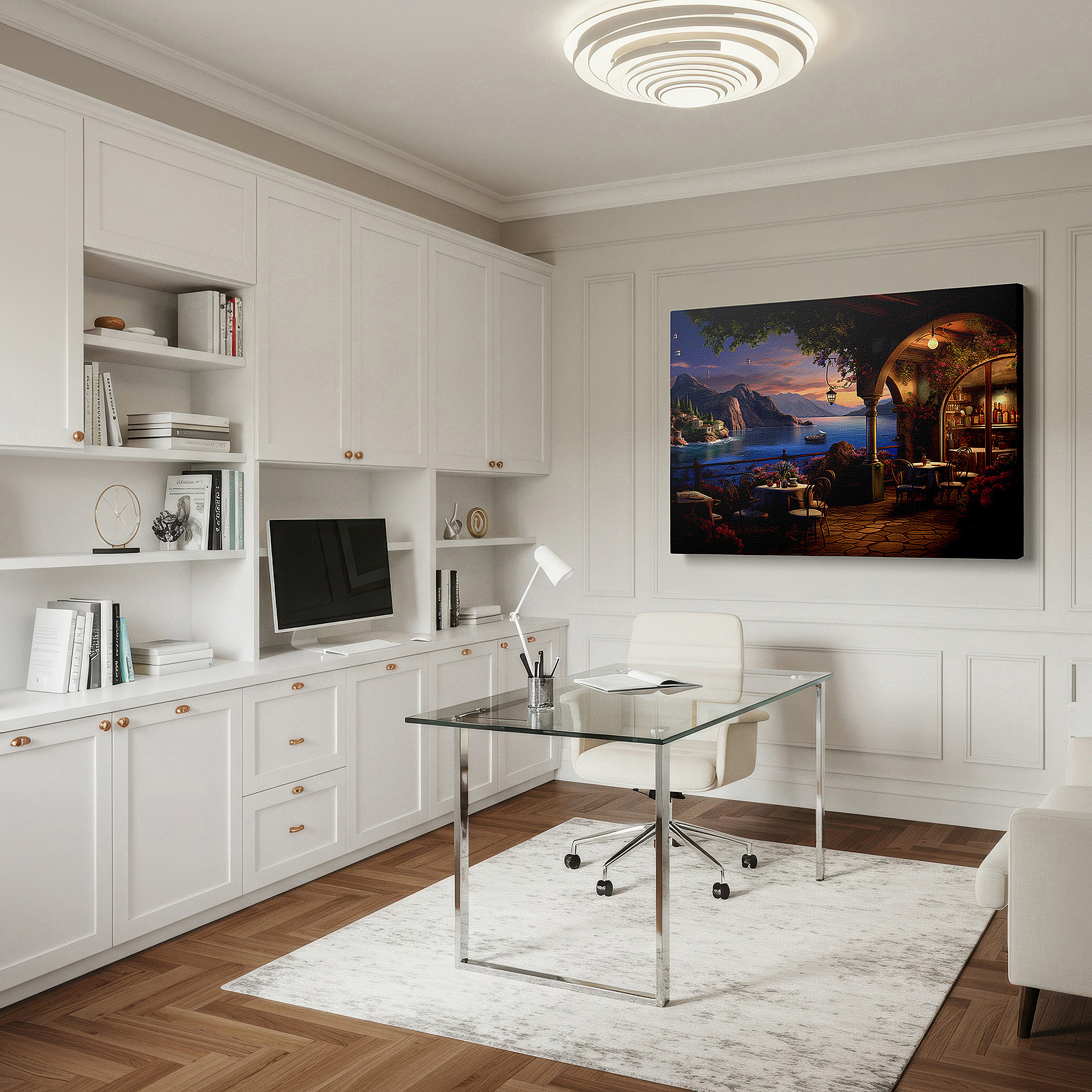 Set in a minimalist interior with textured walls and soft rugs — elegant seaside dining at sunset: tranquil coastal canvas - large wall art for office, bedroom, and living room decor