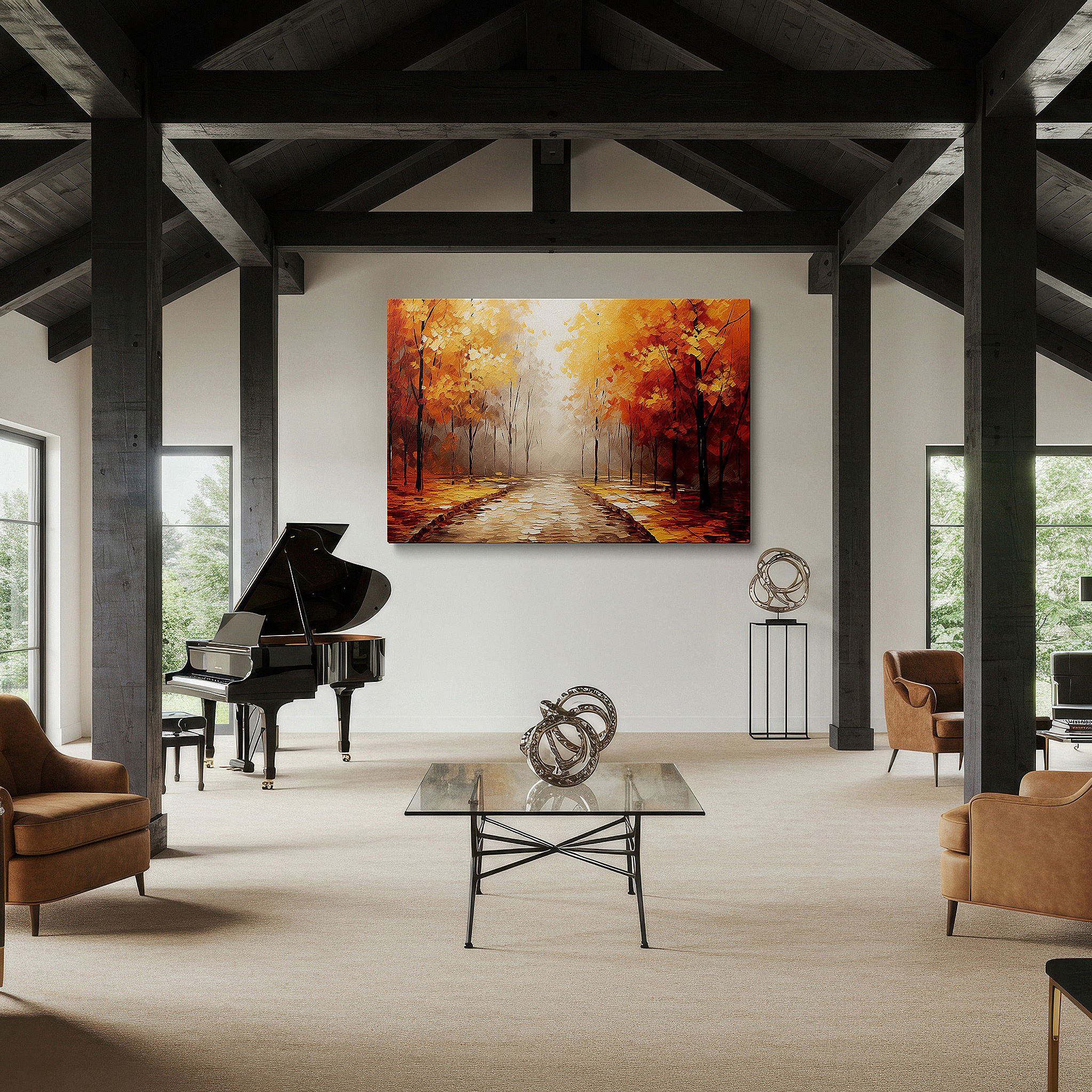 Set in a minimalist interior with textured walls and soft rugs — enchanted autumn pathway canvas print: mystical forest with golden leaves - large wall art for office, bedroom, and home decor