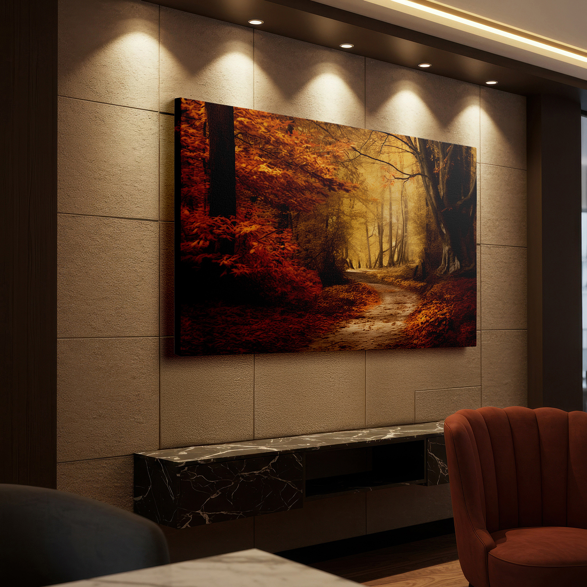 Set in a minimalist interior with textured walls and soft rugs — enchanted autumn pathway: a journey through the golden forest - large canvas wall art for office and bedroom decor