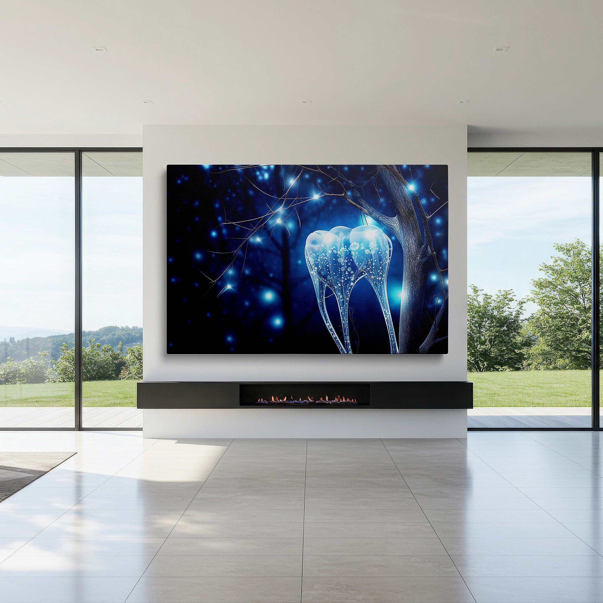 Set in a minimalist interior with textured walls and soft rugs — enchanted tree wall art: surreal nature and fantasy fusion with glowing teeth - large canvas for home and office decor, ideal for living room and bedroom