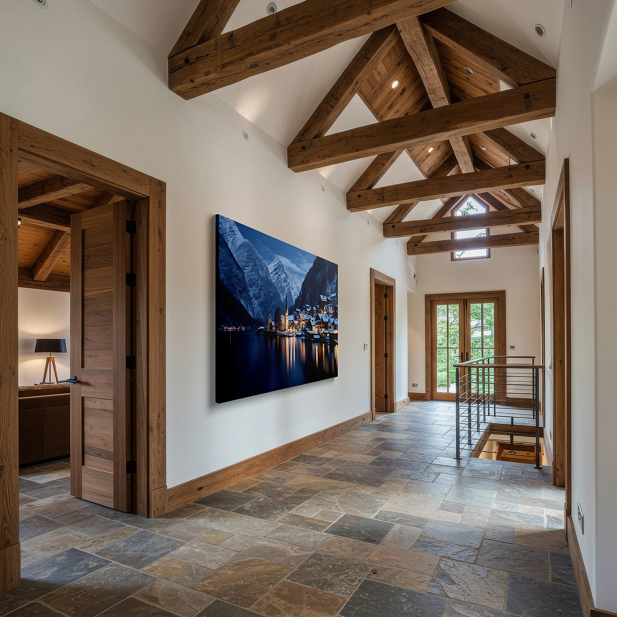 Set in a minimalist interior with textured walls and soft rugs — enchanting winter village at dusk - tranquil lakeside large wall art for office, bedroom, and living room decor, available as canvas