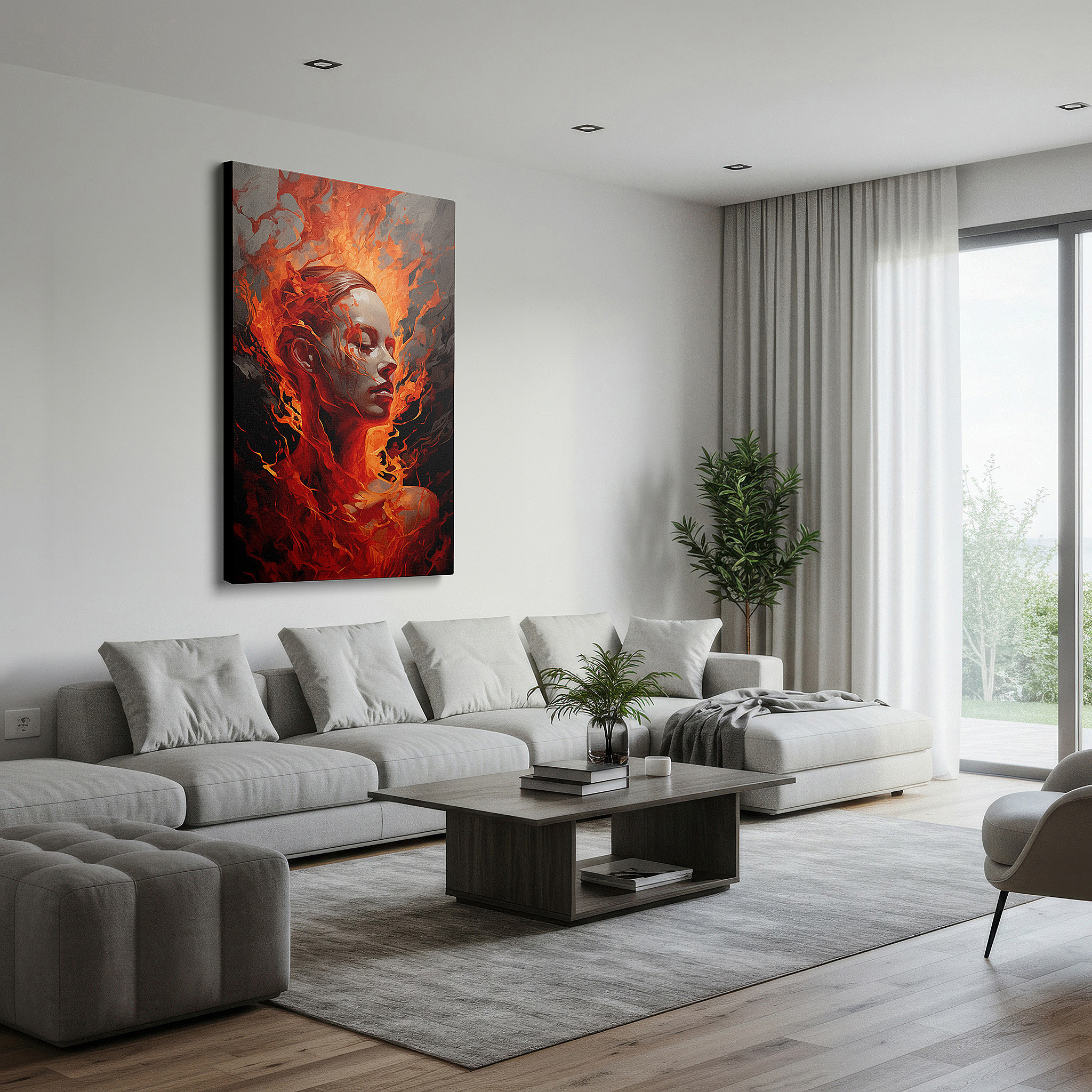 Set in a minimalist interior with textured walls and soft rugs — fiery aura of serenity: a vivid depiction of inner strength and transformation - large wall art, canvas wall art, wall decor for office and bedroom