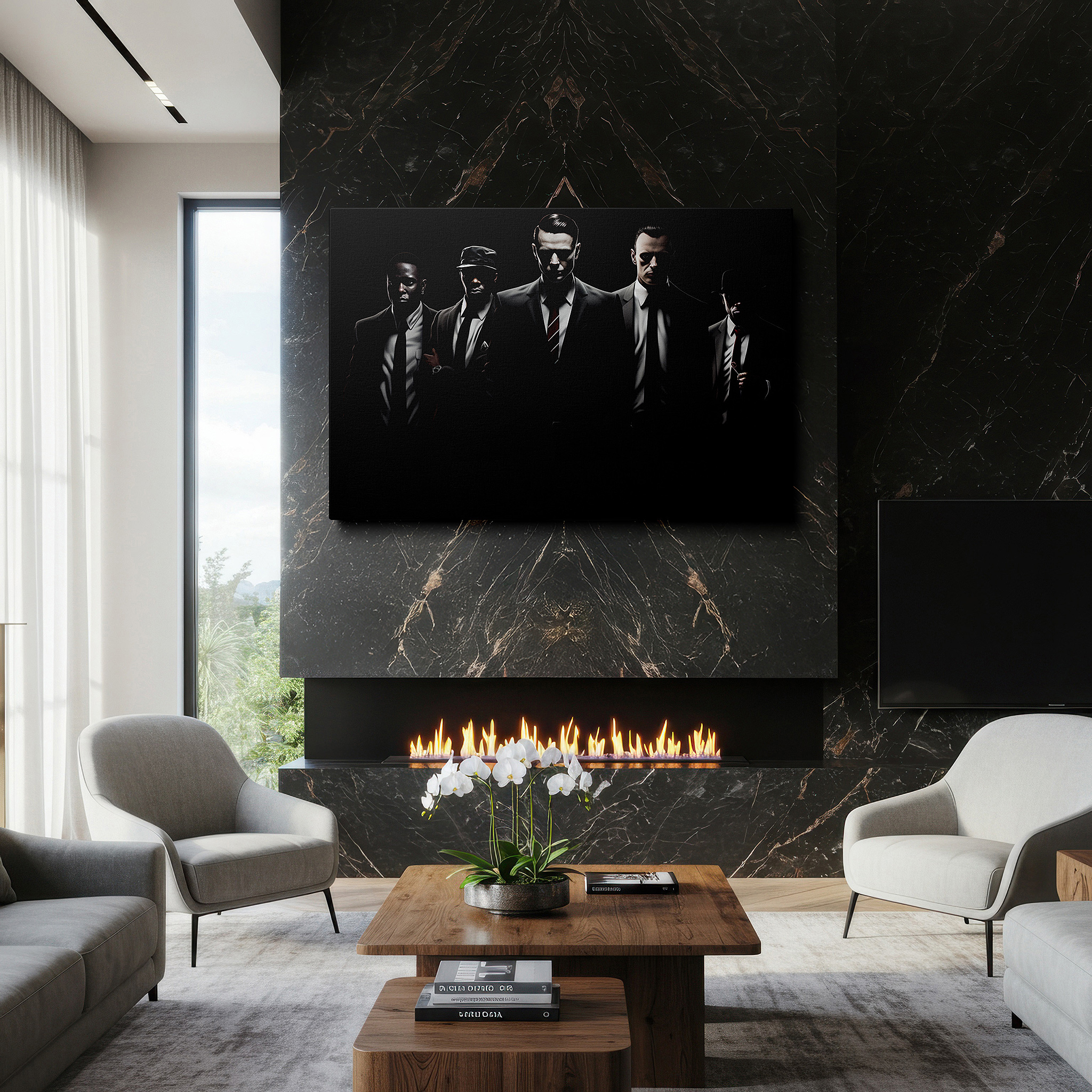 Set in a minimalist interior with textured walls and soft rugs — five men in suits symbolizing leadership and unity, set against a mysterious background - large wall art, canvas wall art, wall decor for office and bedroom