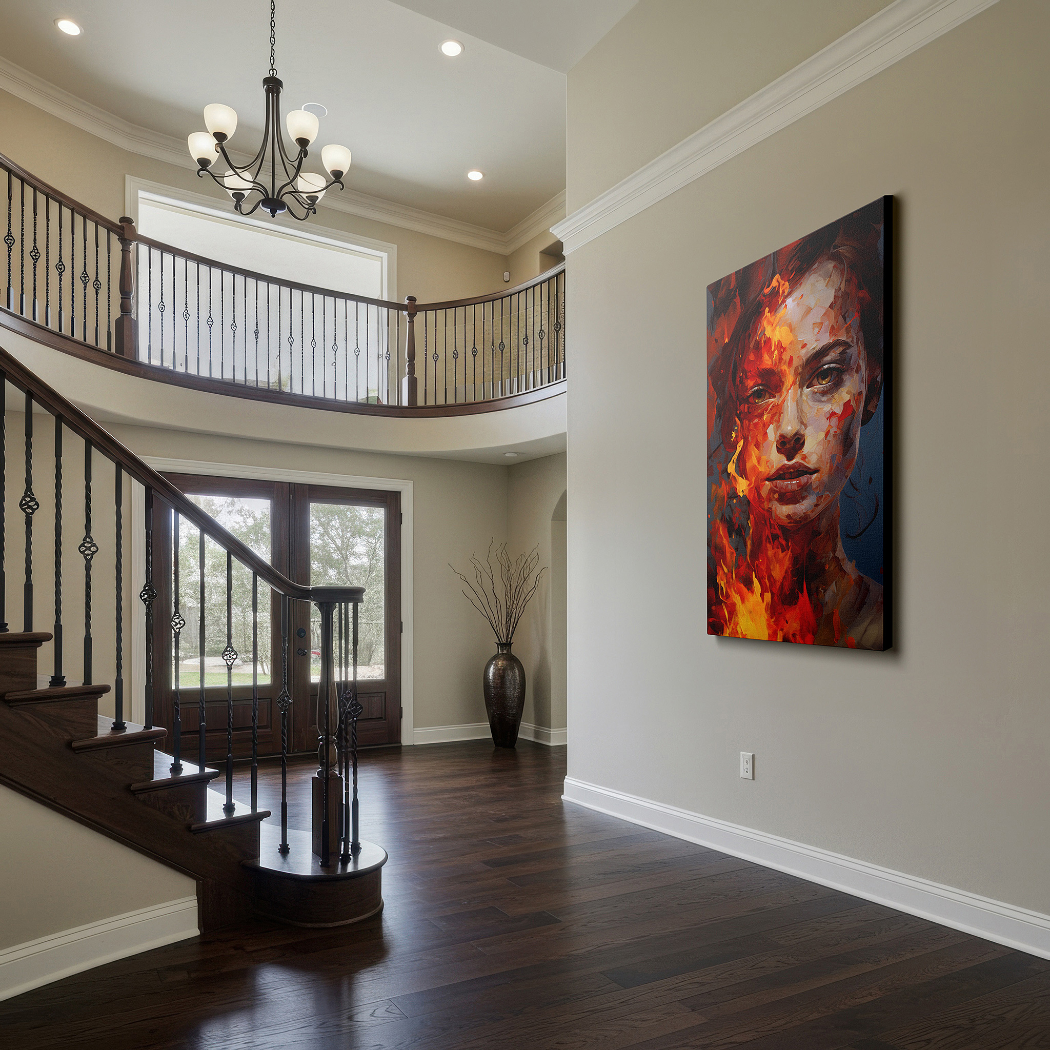 Set in a minimalist interior with textured walls and soft rugs — flames of passion and resilience in a woman's intense gaze: large wall art, canvas wall art, wall decor for office, bedroom, and living room