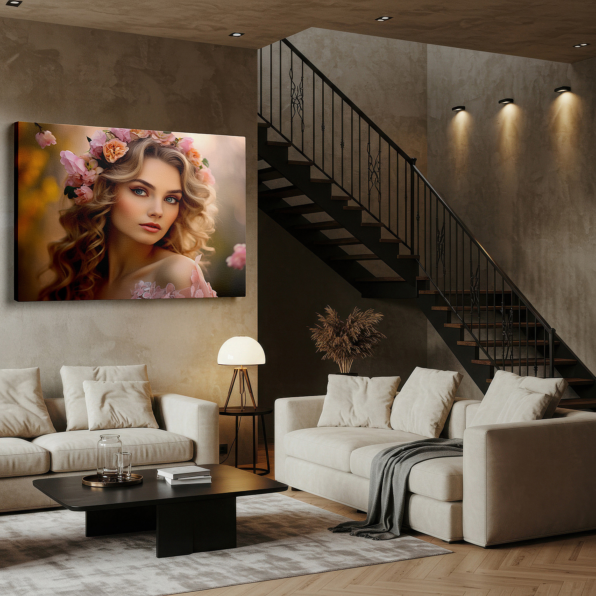 Set in a minimalist interior with textured walls and soft rugs — floral crown portrait: timeless elegance and natural beauty - large canvas wall art for bedrooms and offices