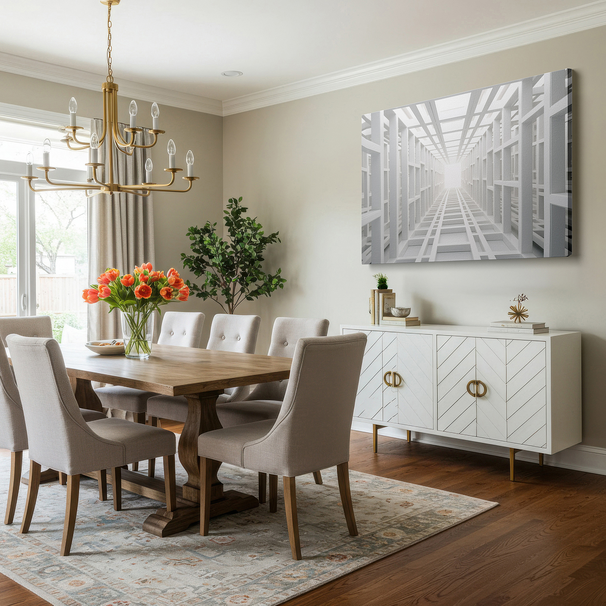 Set in a minimalist interior with textured walls and soft rugs — futuristic interior featuring clean lines and geometric shapes leading to a bright light - large wall art, canvas wall art, wall decor for office
