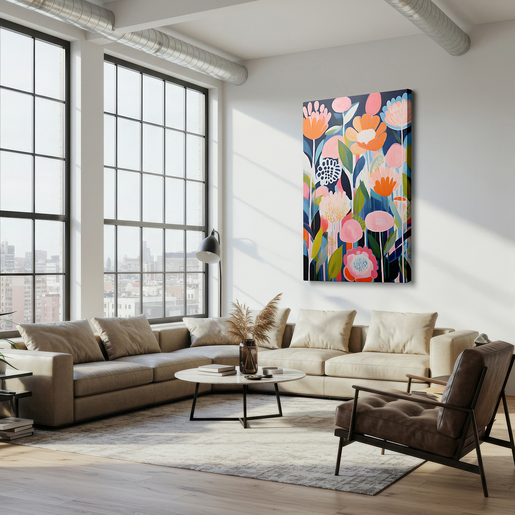 Set in a minimalist interior with textured walls and soft rugs — garden of glow: dynamic light and shadow dance with bright, blooming flowers - large wall art, canvas wall art, wall decor for office