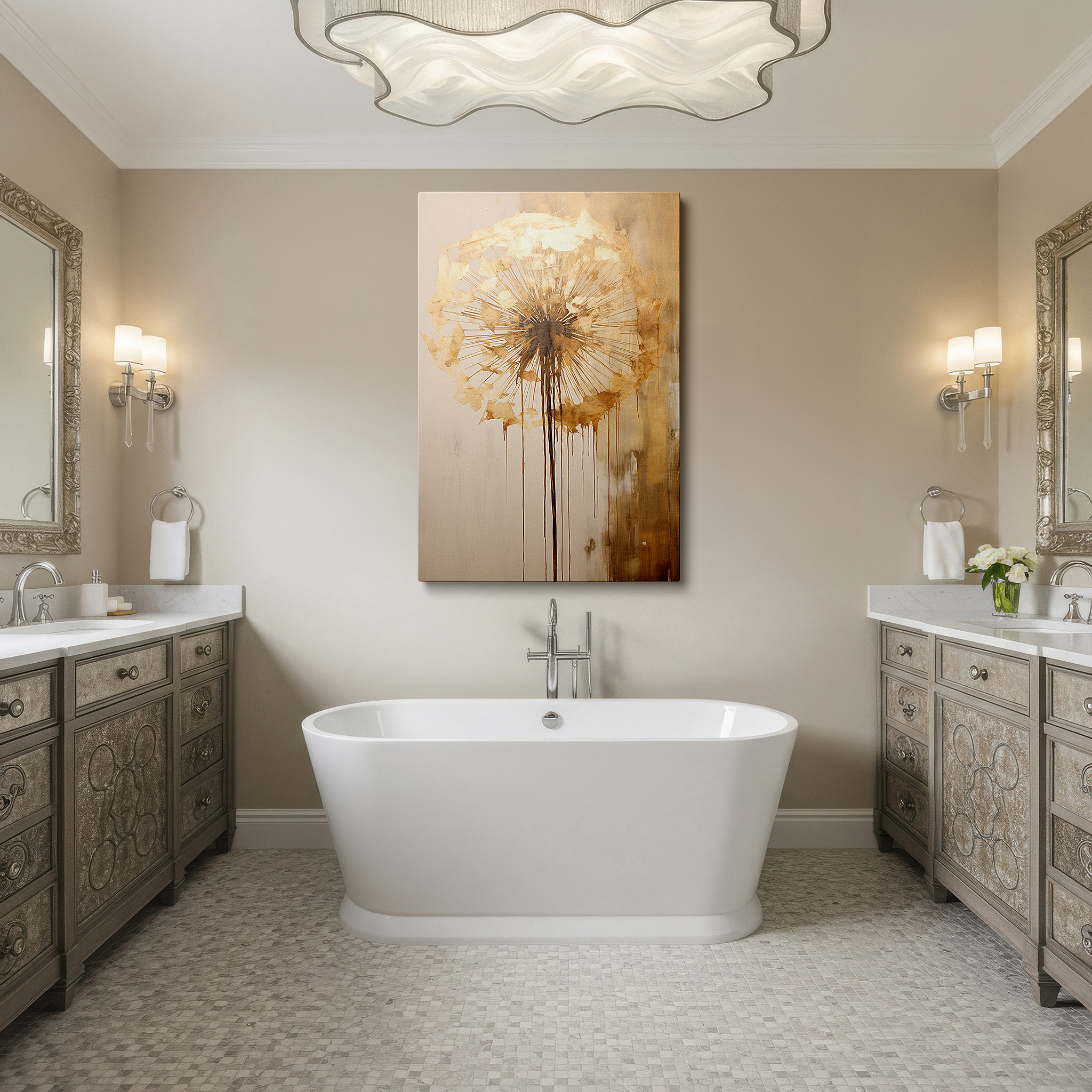 Set in a minimalist interior with textured walls and soft rugs — golden dandelion wall art - emblem of beauty, resilience, and hope for office, bedroom, and living room decor
