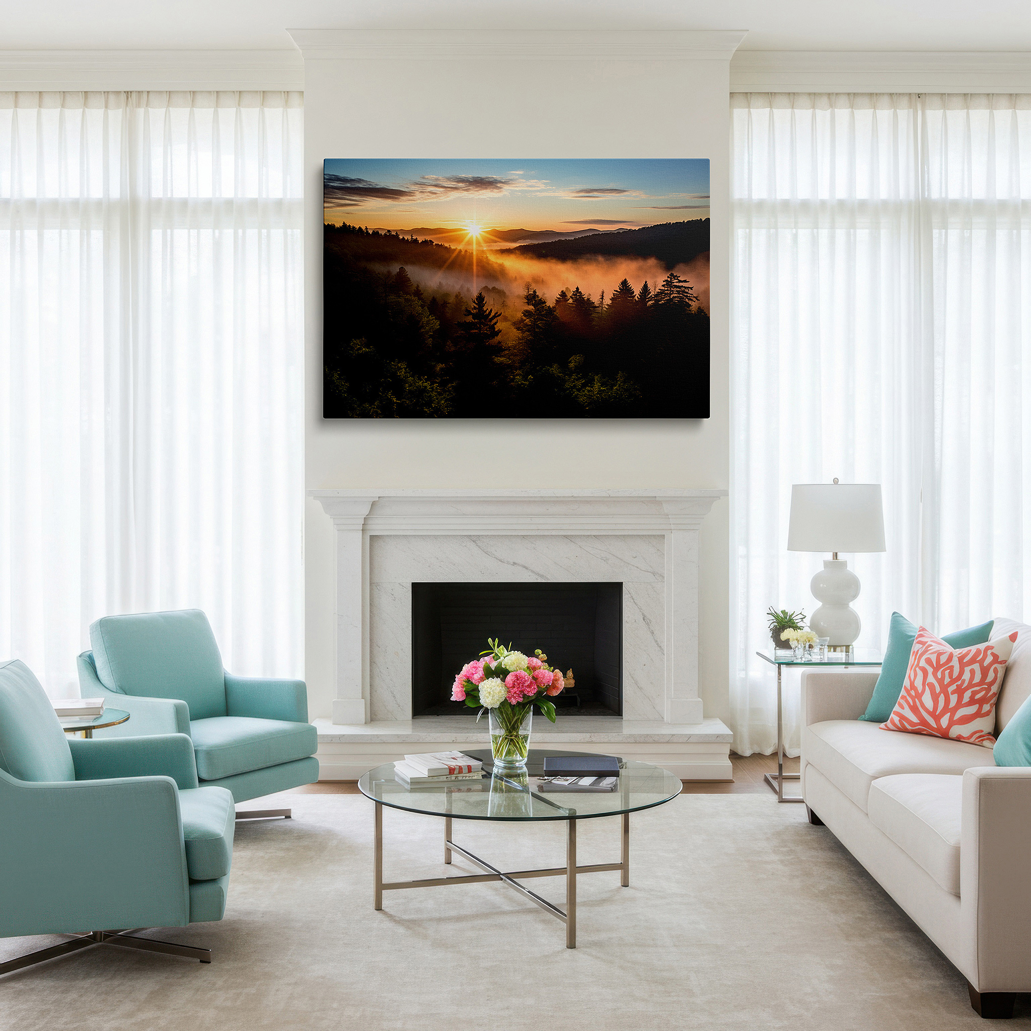 Set in a minimalist interior with textured walls and soft rugs — golden sunrise over misty valley with lush trees and majestic mountains - large canvas wall art for office and bedroom decor