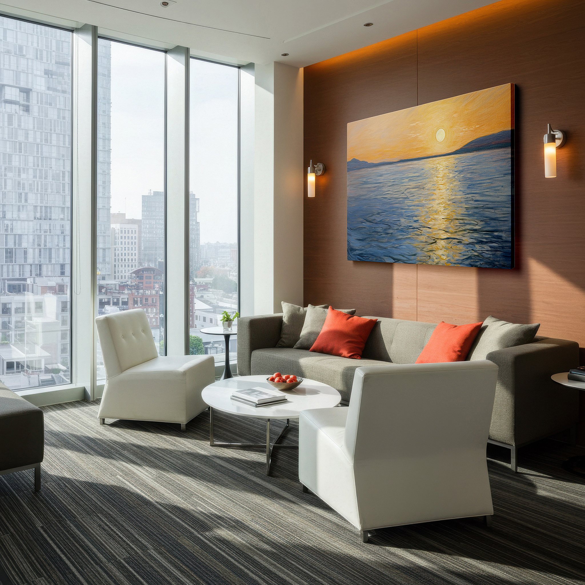 Set in a minimalist interior with textured walls and soft rugs — golden sunset over tranquil sea - experience serenity with nature's splendor large wall art, canvas wall art, wall decor for office and bedroom