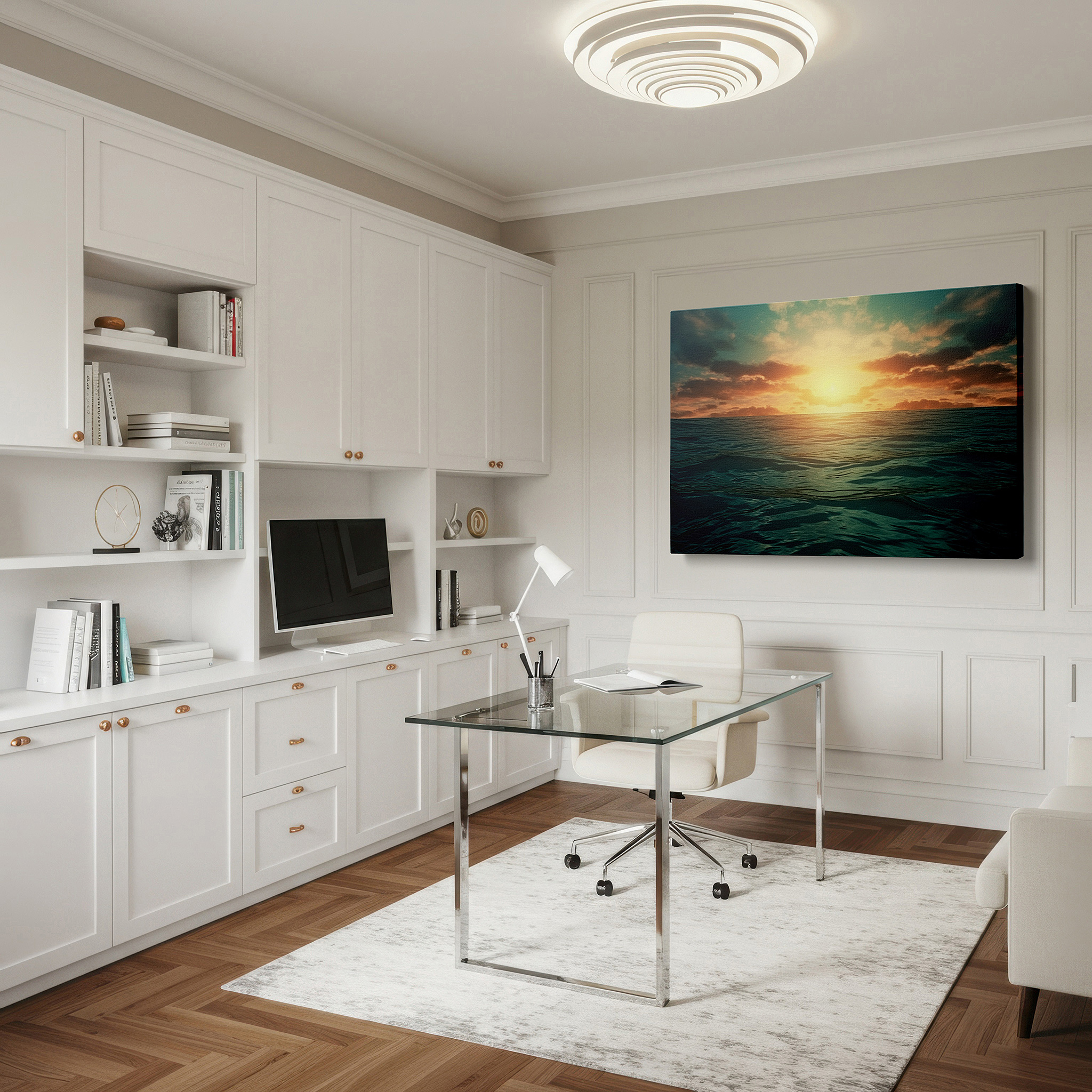 Set in a minimalist interior with textured walls and soft rugs — golden sunset and tranquil turquoise ocean large canvas wall art for office and bedroom decor