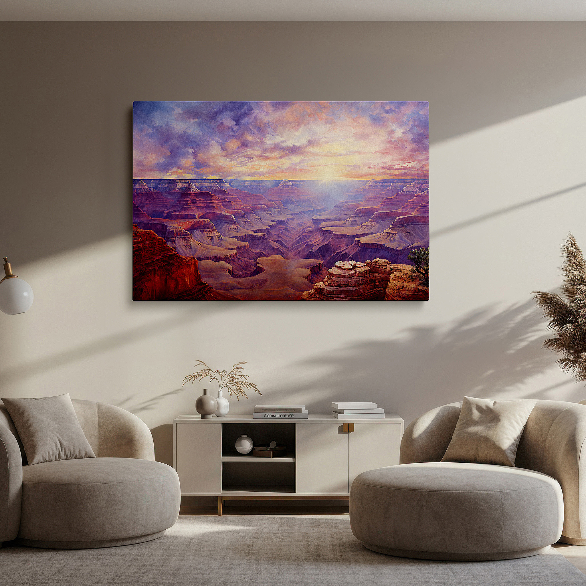 Set in a minimalist interior with textured walls and soft rugs — grand canyon sunrise wall art: experience the fiery glow and rugged majesty of nature - large canvas for home or office decor