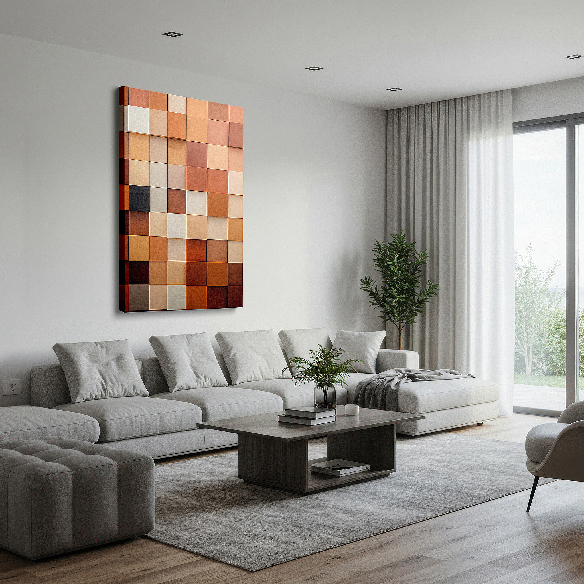 Set in a minimalist interior with textured walls and soft rugs — a harmony of cozy hues in paint swatches, inspiring relaxation and innovation: large wall art, canvas wall art, wall decor, office wall art, bedroom wall art