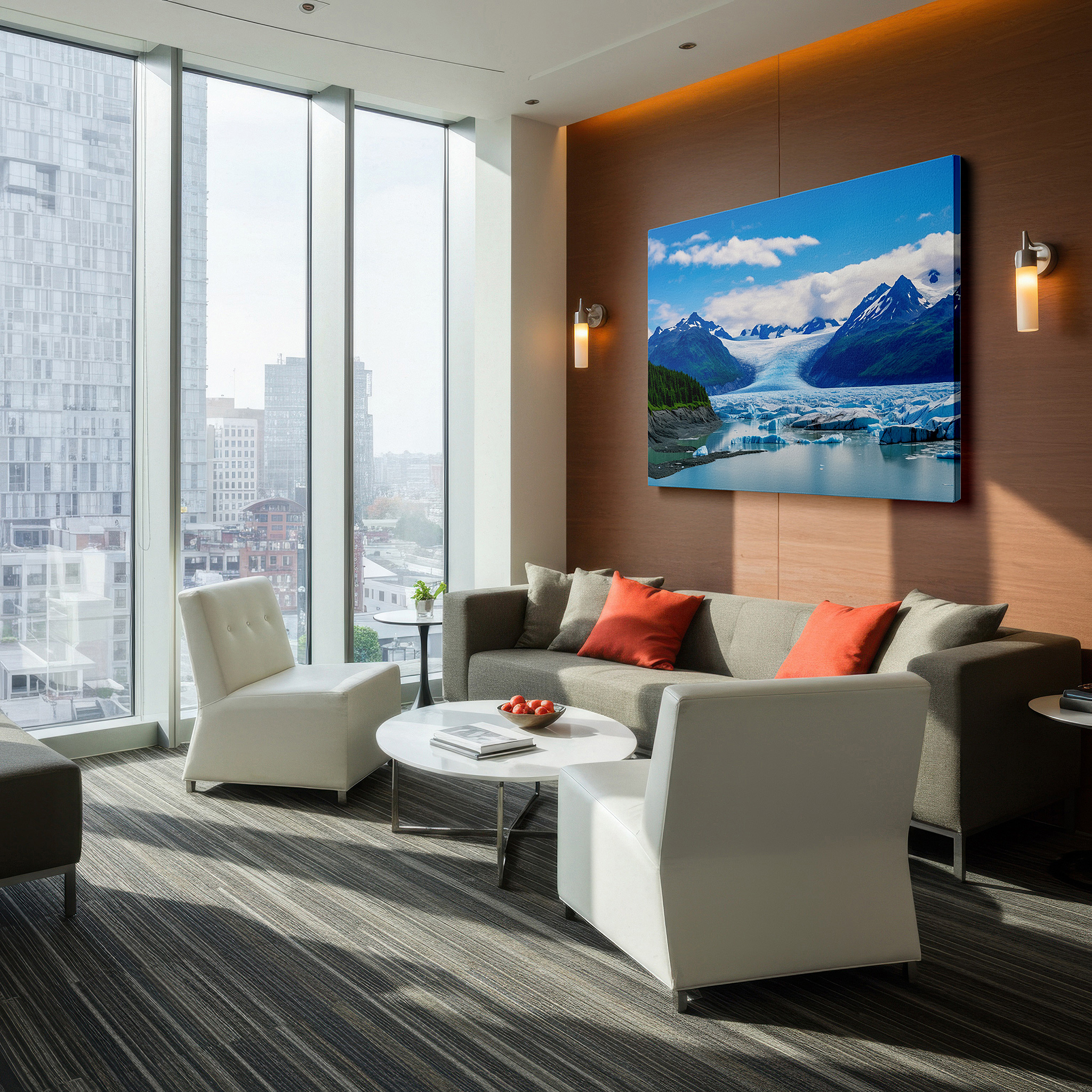 Set in a minimalist interior with textured walls and soft rugs — majestic mountains and sparkling glacier with serene lake reflections: large canvas wall art for office and bedroom decor
