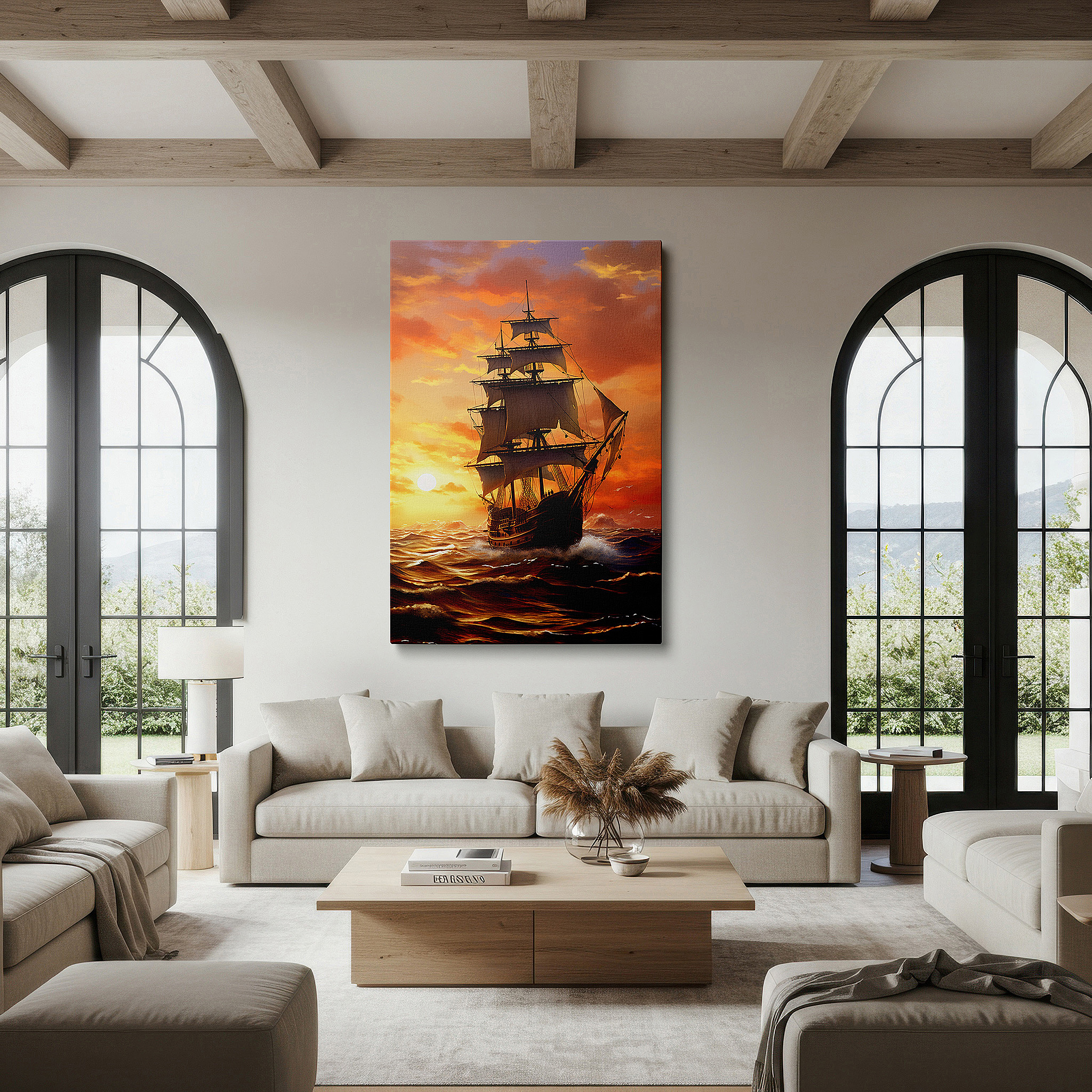 Set in a minimalist interior with textured walls and soft rugs — majestic ship sailing seascape twilight glow large wall art, canvas wall art, wall art decor for office and bedroom