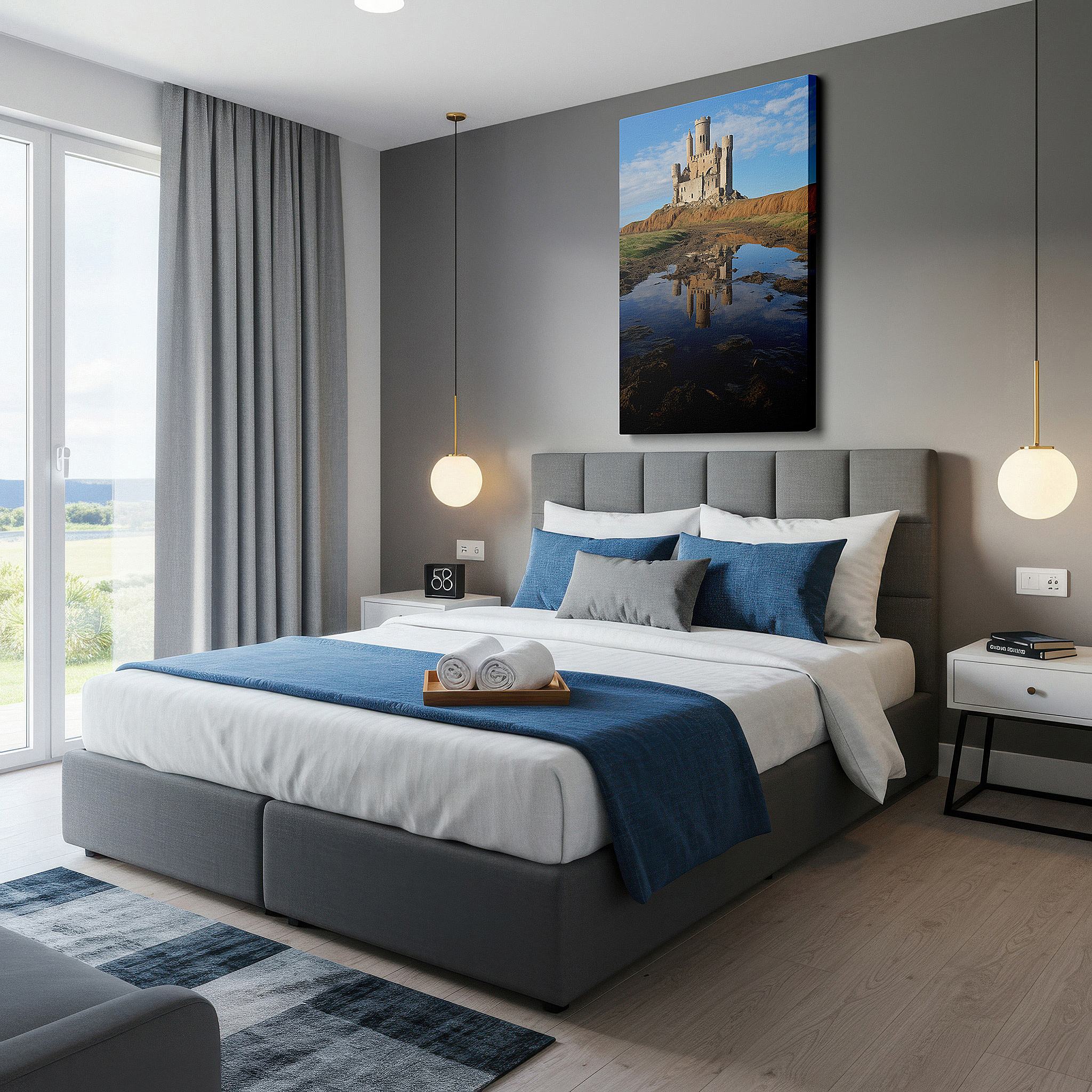 Set in a minimalist interior with textured walls and soft rugs — medieval castle ruins embraced by time large canvas wall art for office, bedroom, and living room decor