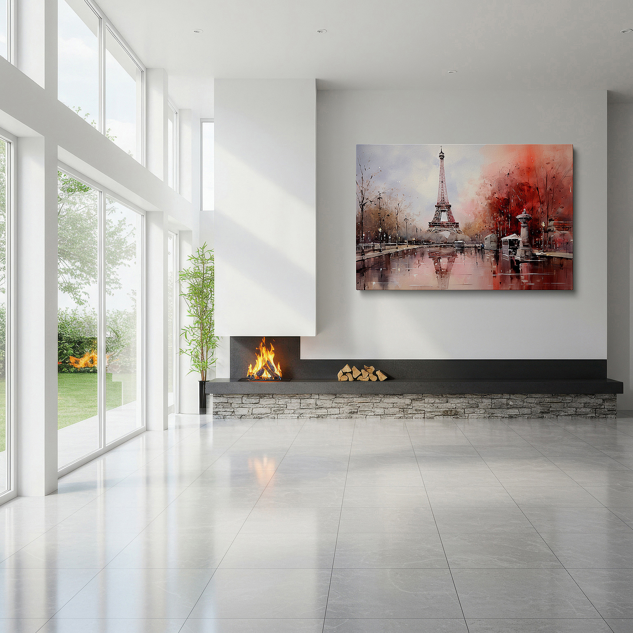 Set in a minimalist interior with textured walls and soft rugs — misty eiffel tower dream scene: serene parisian large wall art, canvas decor for office and bedroom