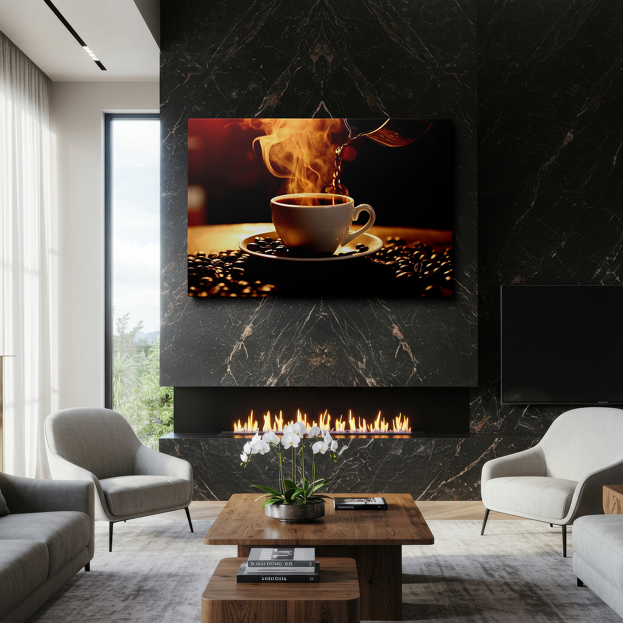 Set in a minimalist interior with textured walls and soft rugs — morning ritual featuring steaming coffee and shiny beans large wall art, canvas wall decor, office wall decor, bedroom wall decor, living room wall art