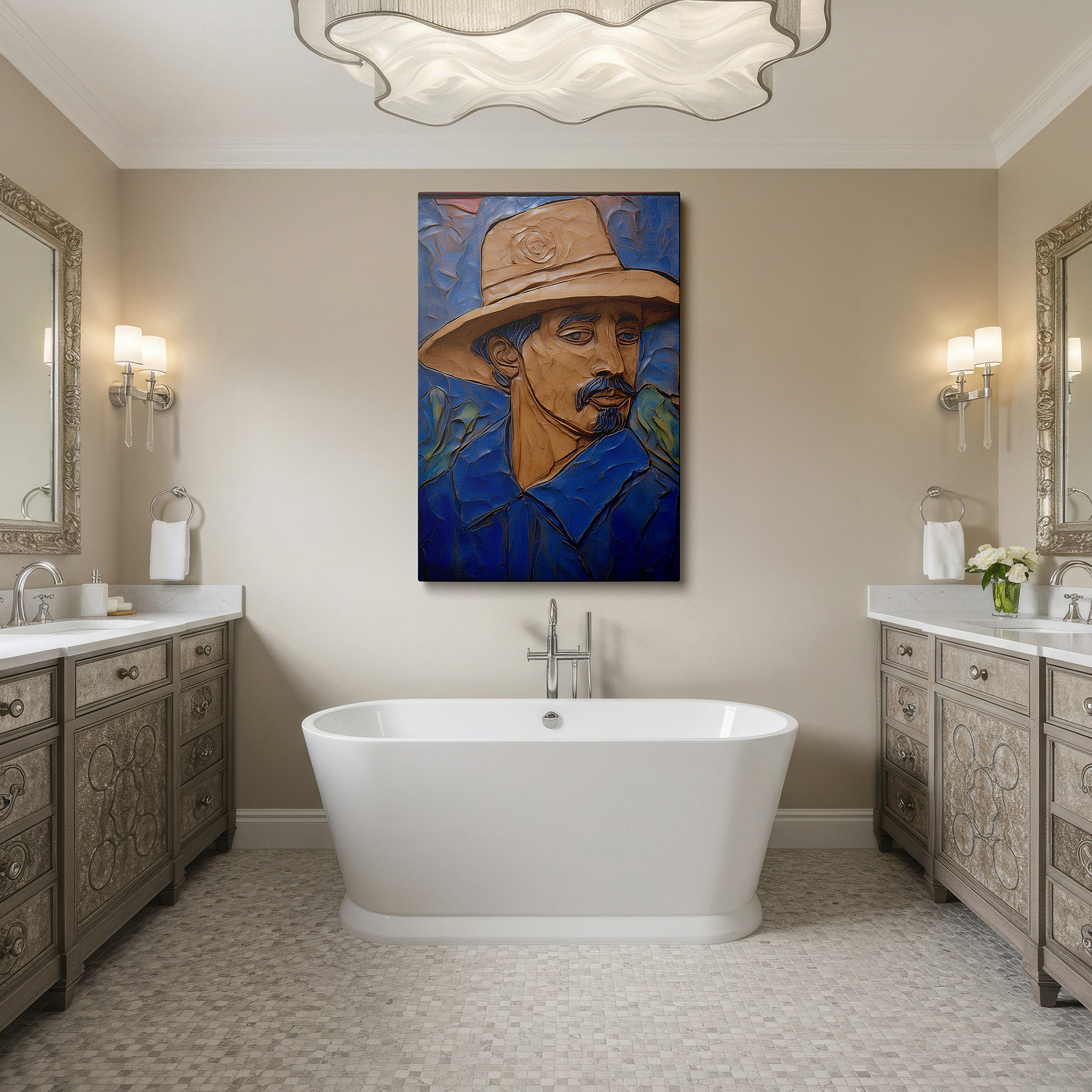 Set in a minimalist interior with textured walls and soft rugs — the mysterious gentleman in a broad-brimmed hat: exploring textural contrasts and emotional depths - large wall art, canvas wall art, wall decor for office