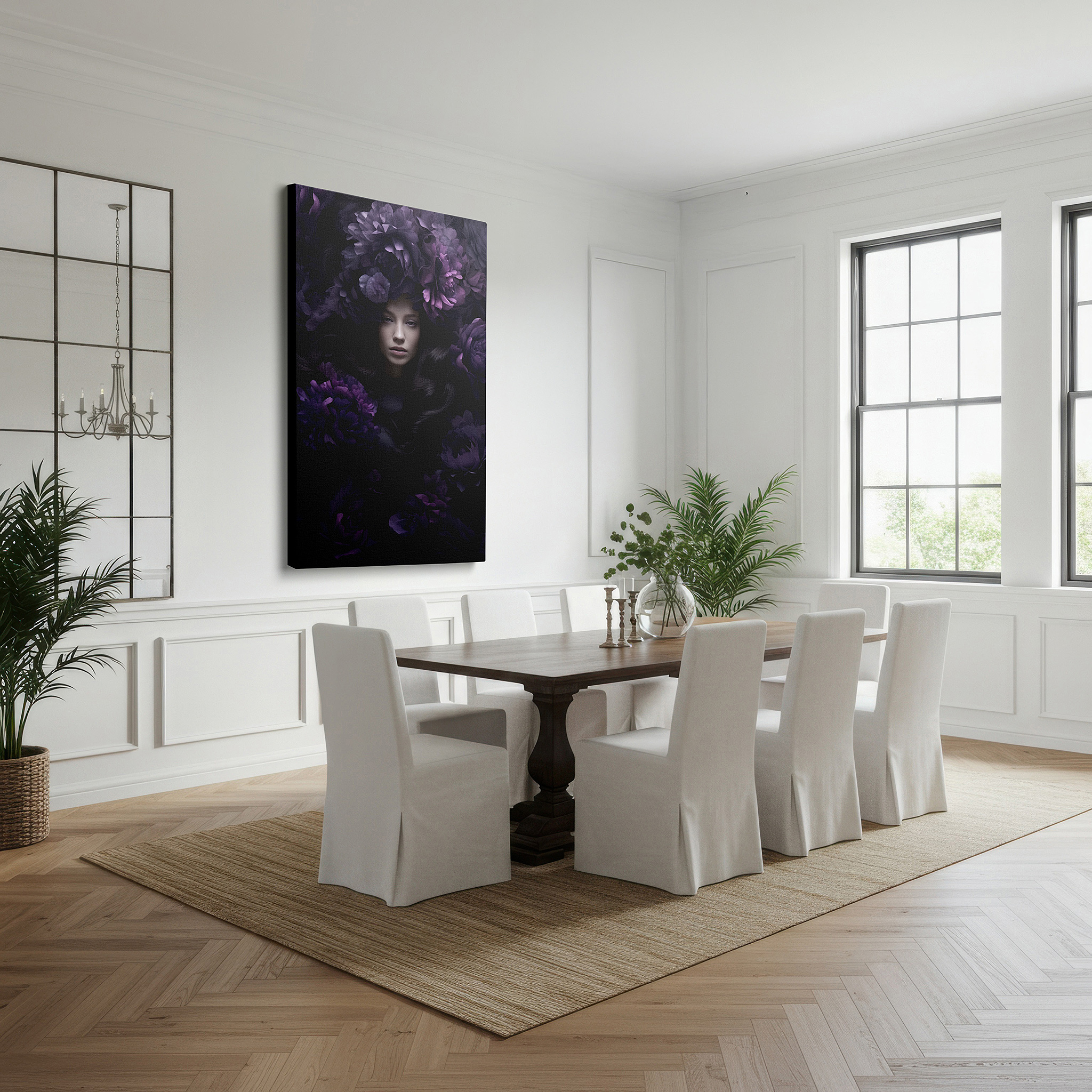 Set in a minimalist interior with textured walls and soft rugs — mystical beauty surrounded by nature, tranquil fusion of femininity and floral splendor large wall art, canvas wall art, wall decor, office wall art