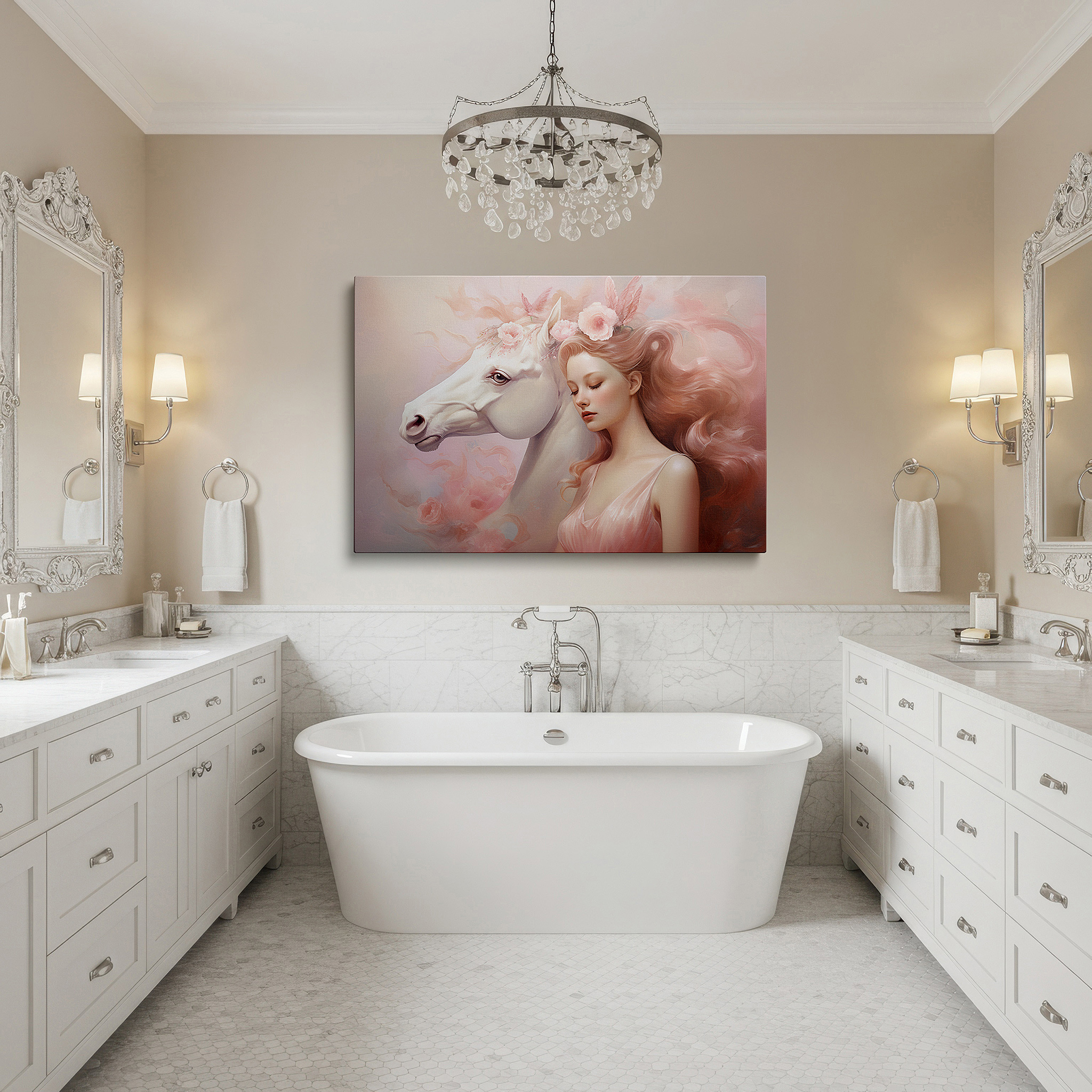 Set in a minimalist interior with textured walls and soft rugs — mystical elegance and dreamlike charm in the fusion of woman and mythical horse: large wall art, canvas wall art, wall decor for office and bedroom