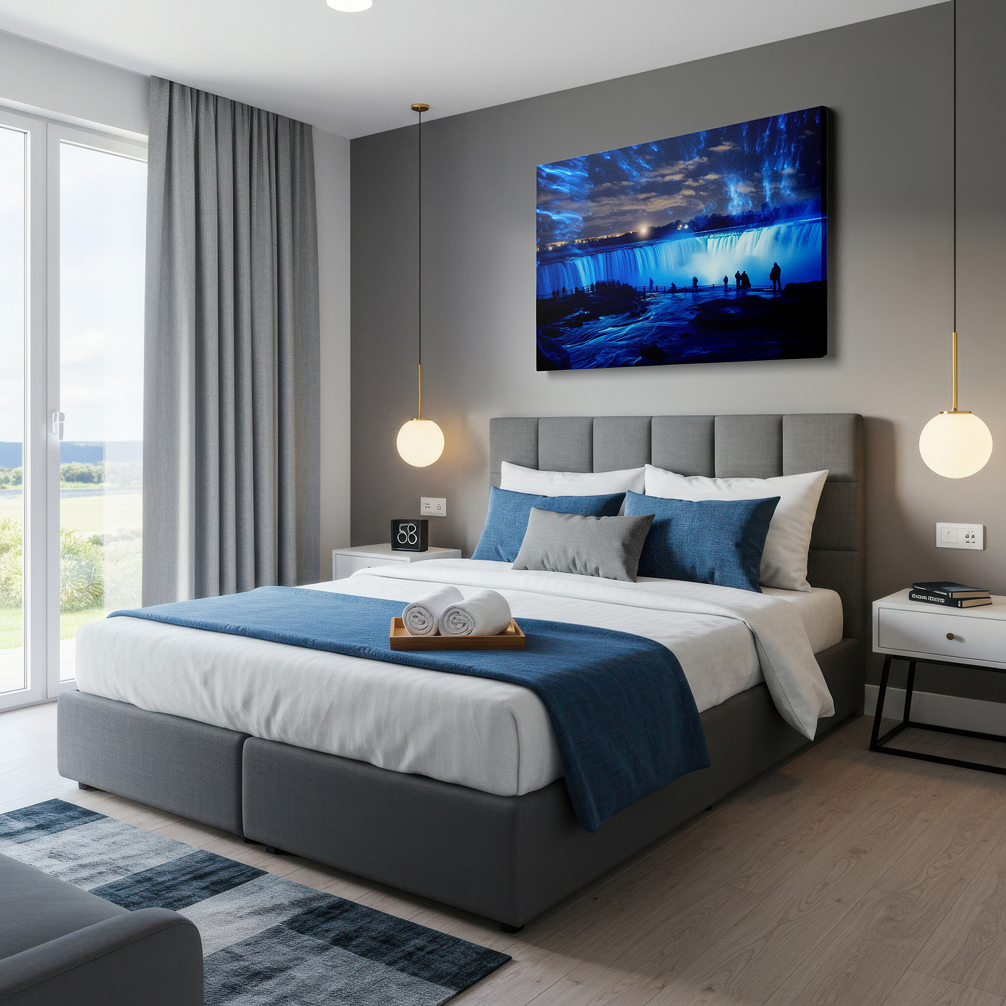 Set in a minimalist interior with textured walls and soft rugs — niagara falls enchanted evening: magical light and water display - large canvas wall art for home and office decor