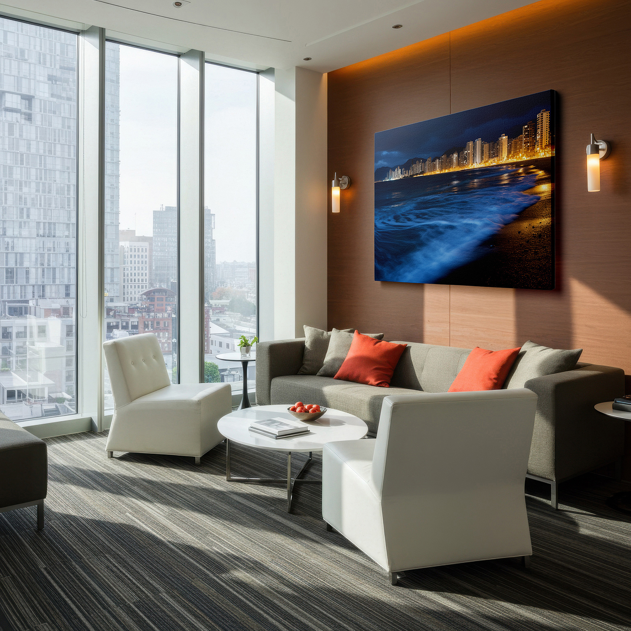 Set in a minimalist interior with textured walls and soft rugs — nighttime urban cityscape with glowing lights and peaceful water reflections - large canvas wall art for office and bedroom decor