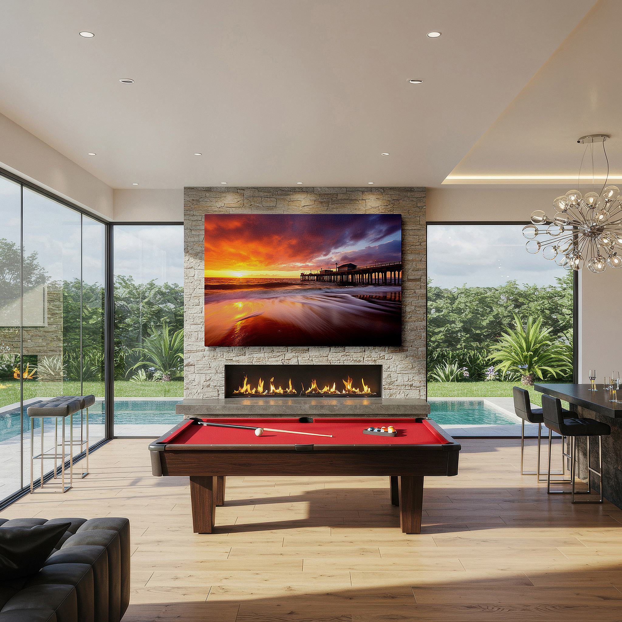 Set in a minimalist interior with textured walls and soft rugs — ocean pier sunset serenade: large canvas wall art featuring golden sands and gentle waves, ideal for office wall decor