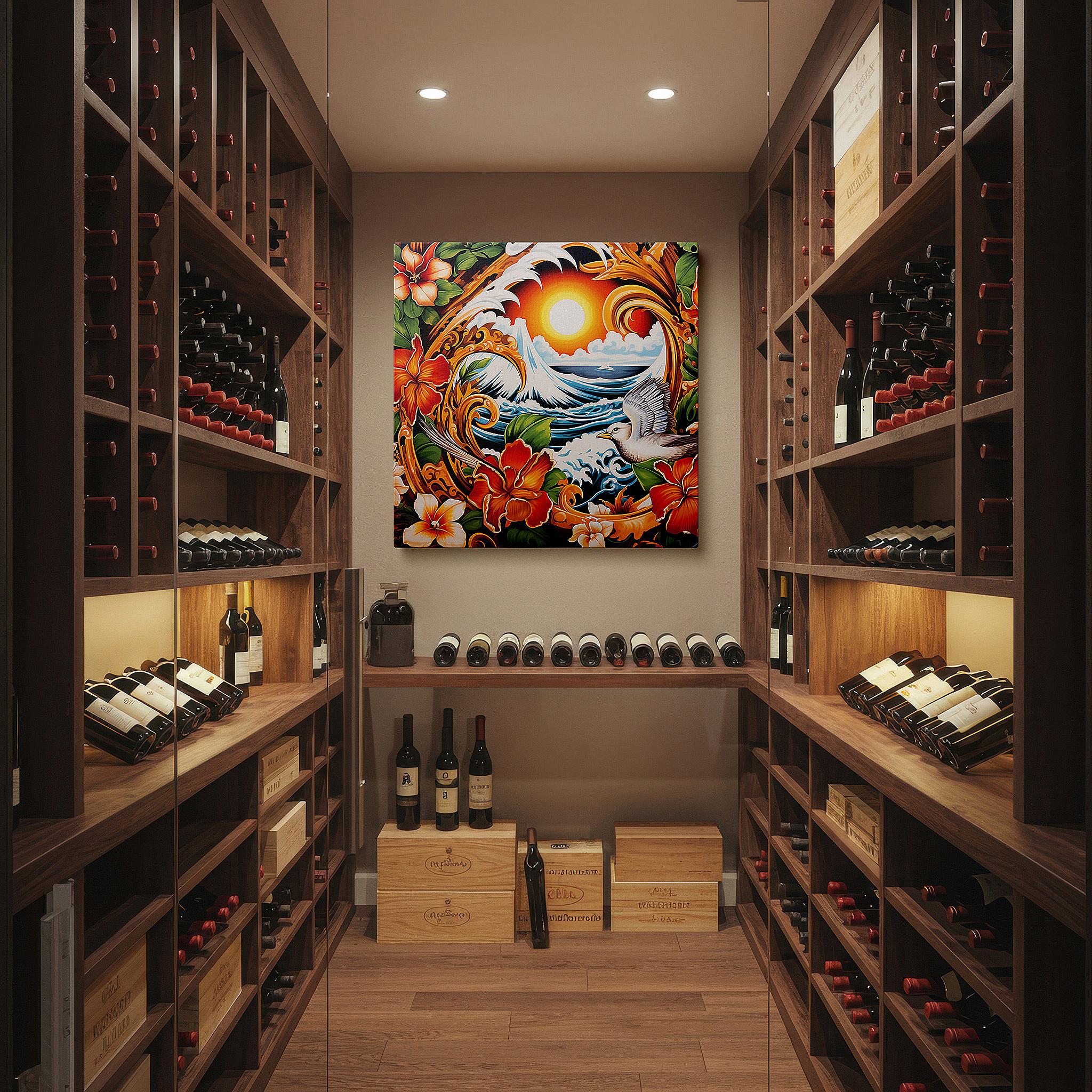 Set in a minimalist interior with textured walls and soft rugs — ocean's majesty and blooming tranquility under a captivating sunset: large wall art, canvas wall art, wall decor for office and bedroom