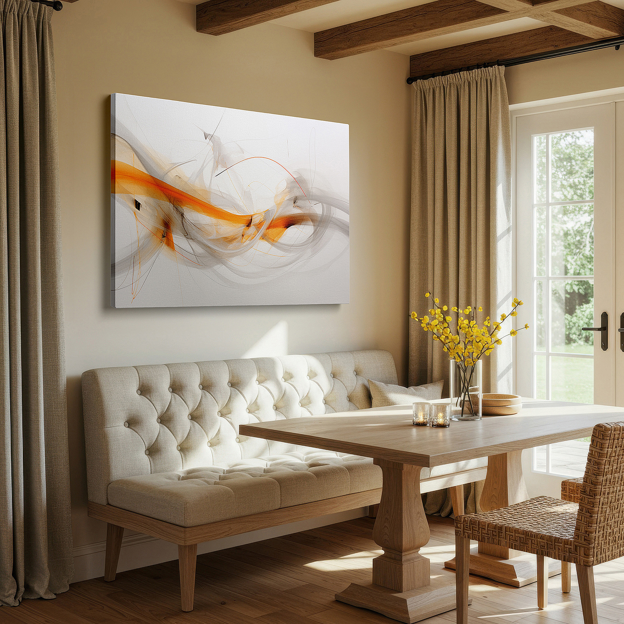 Set in a minimalist interior with textured walls and soft rugs — orange and gray dance: harmonious abstract expression, large canvas wall art for office, bedroom, and living room decor