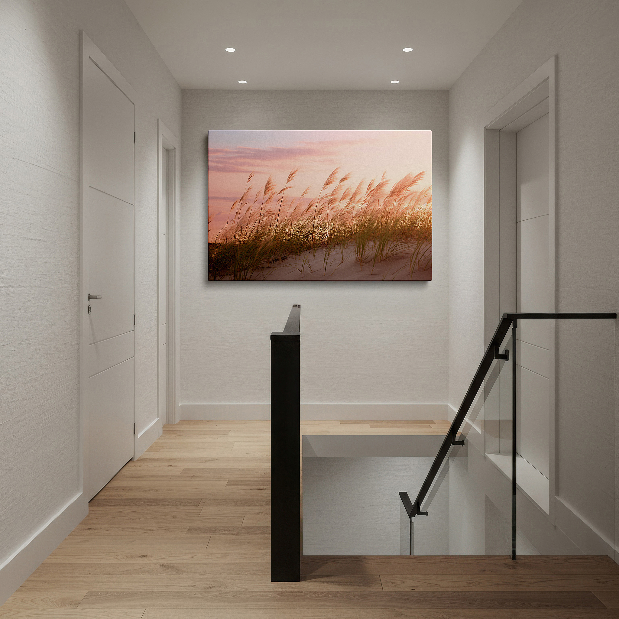 Set in a minimalist interior with textured walls and soft rugs — pastel serenity and dancing dune grass large canvas wall art for office, bedroom, and living room decor