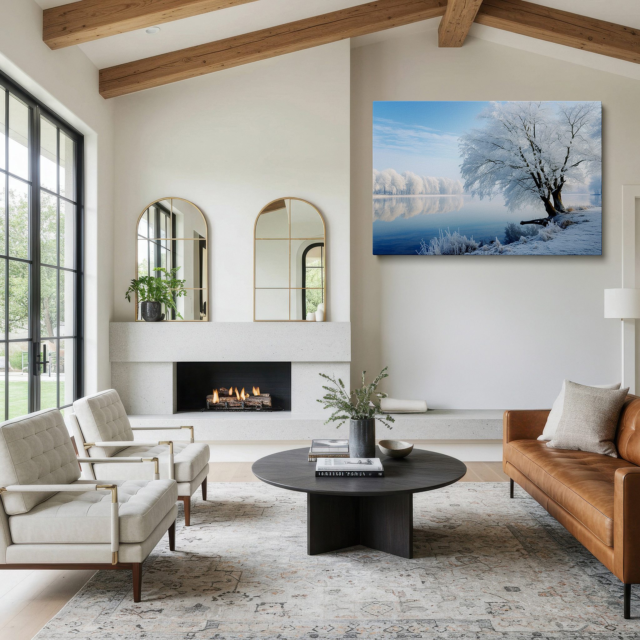 Set in a minimalist interior with textured walls and soft rugs — peaceful winter scene with calm lake and icy trees reflection large wall art, canvas wall art, wall decor for office and bedroom
