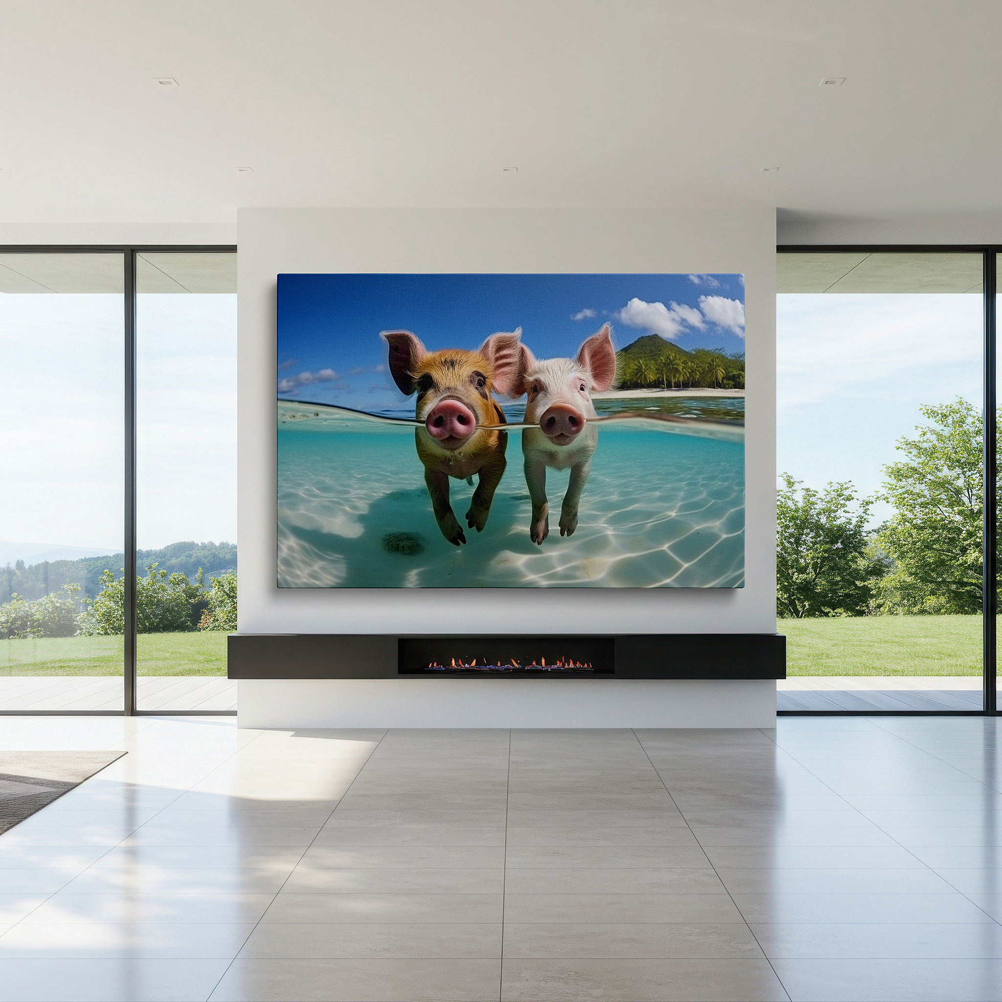 Set in a minimalist interior with textured walls and soft rugs — playful piglets frolic in tropical waters: a vivid display of joy and whimsy - large wall art, canvas wall art, wall decor for office and bedroom